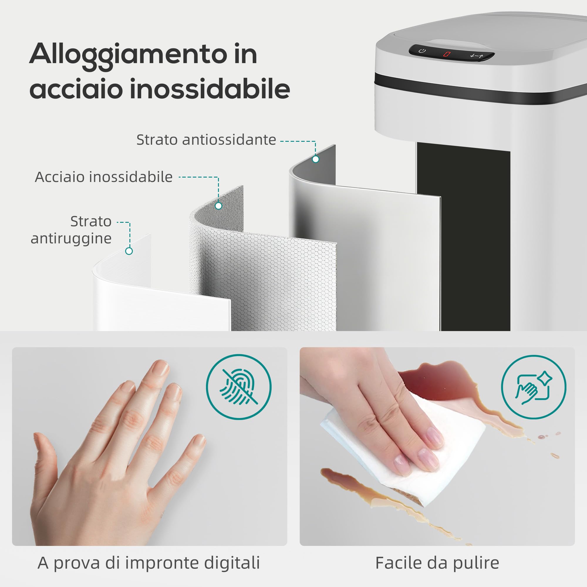 HOMCOM Cestino Pattumiera da 12L Sensore a Infrarossi 28x22x41 cm Bianco | Pulsante Touch, Secchio Rimovibile, Bidone per Immondizia, Acciaio Inox, ABS e PP