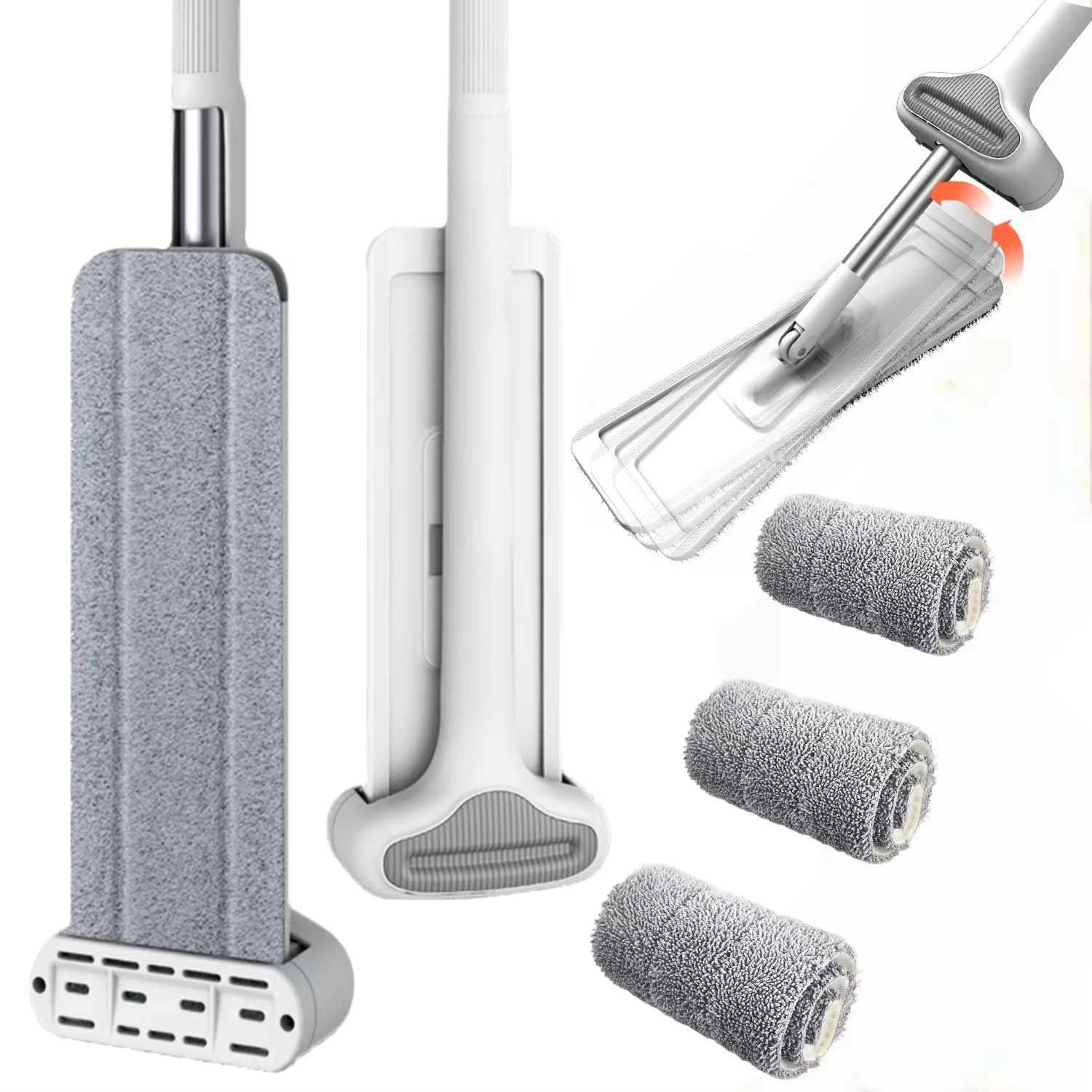 NALACAL 360 Hands-Free Self Wringing Floor Cleaning Mop, Flat Mop - Microfiber with 4 x Washable Pads, Hand Washing Free for Hardwood and Window, White