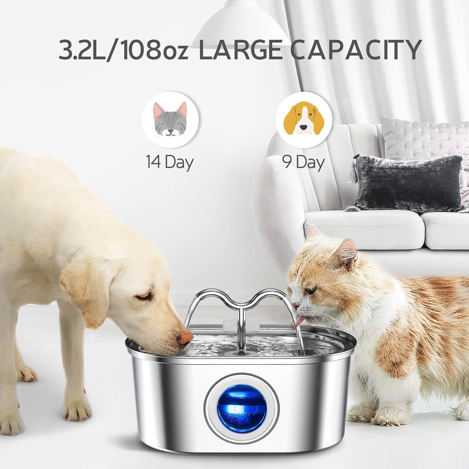 Foliam® Cat Water Fountain - 3.2L/108oz Stainless Steel Pet Water Drinking Fountain for Cats Indoor, Dog Water Fountain with Water Level Window (Silver, Rectangle 3L-2) 1