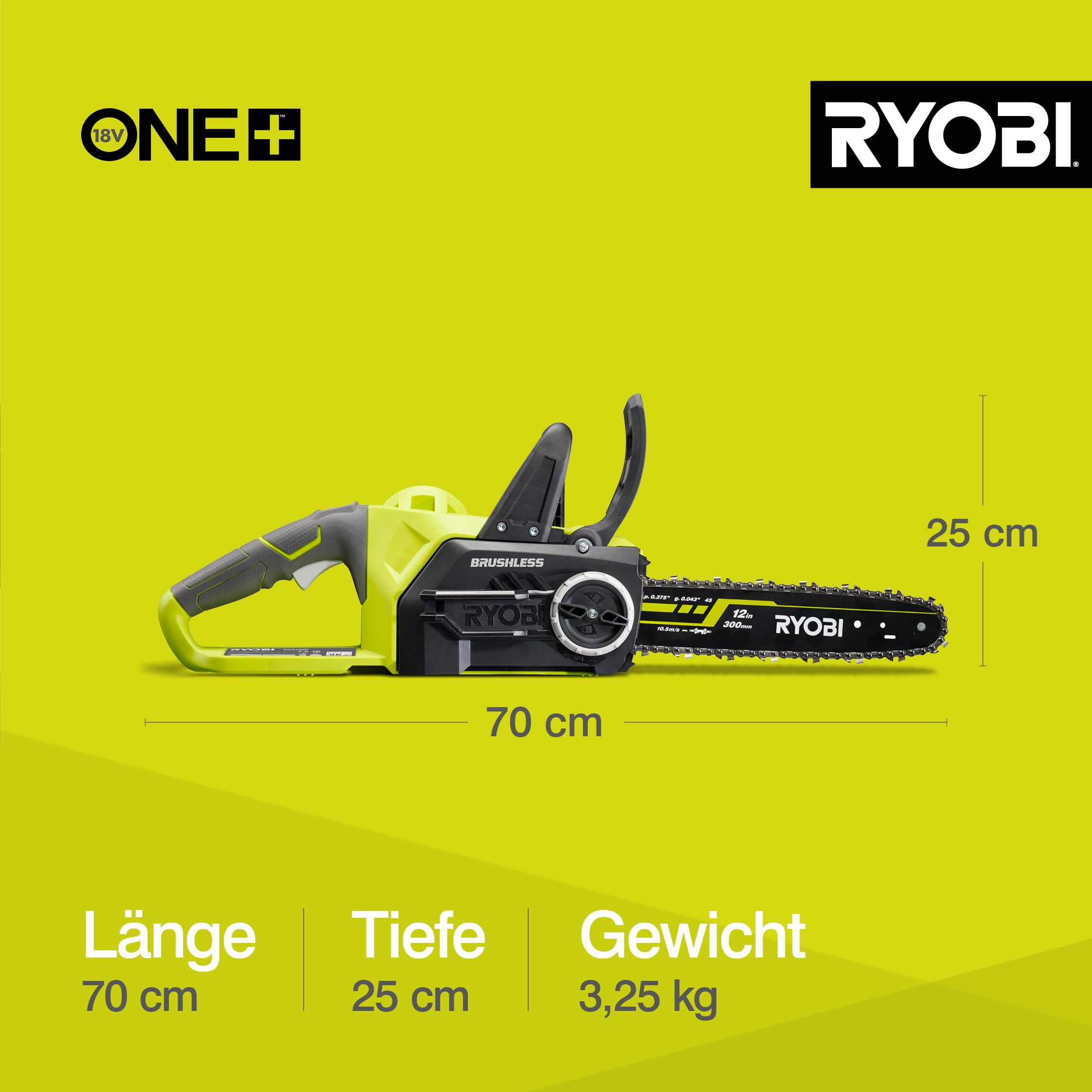RYOBI 18 V ONE+ Brushless Akku-Kettensäge OCS1830, Schwertlänge 30 cm, bürstenloser Motor, werkzeugloses Kettenspannen, ohne Akku und Ladegerät