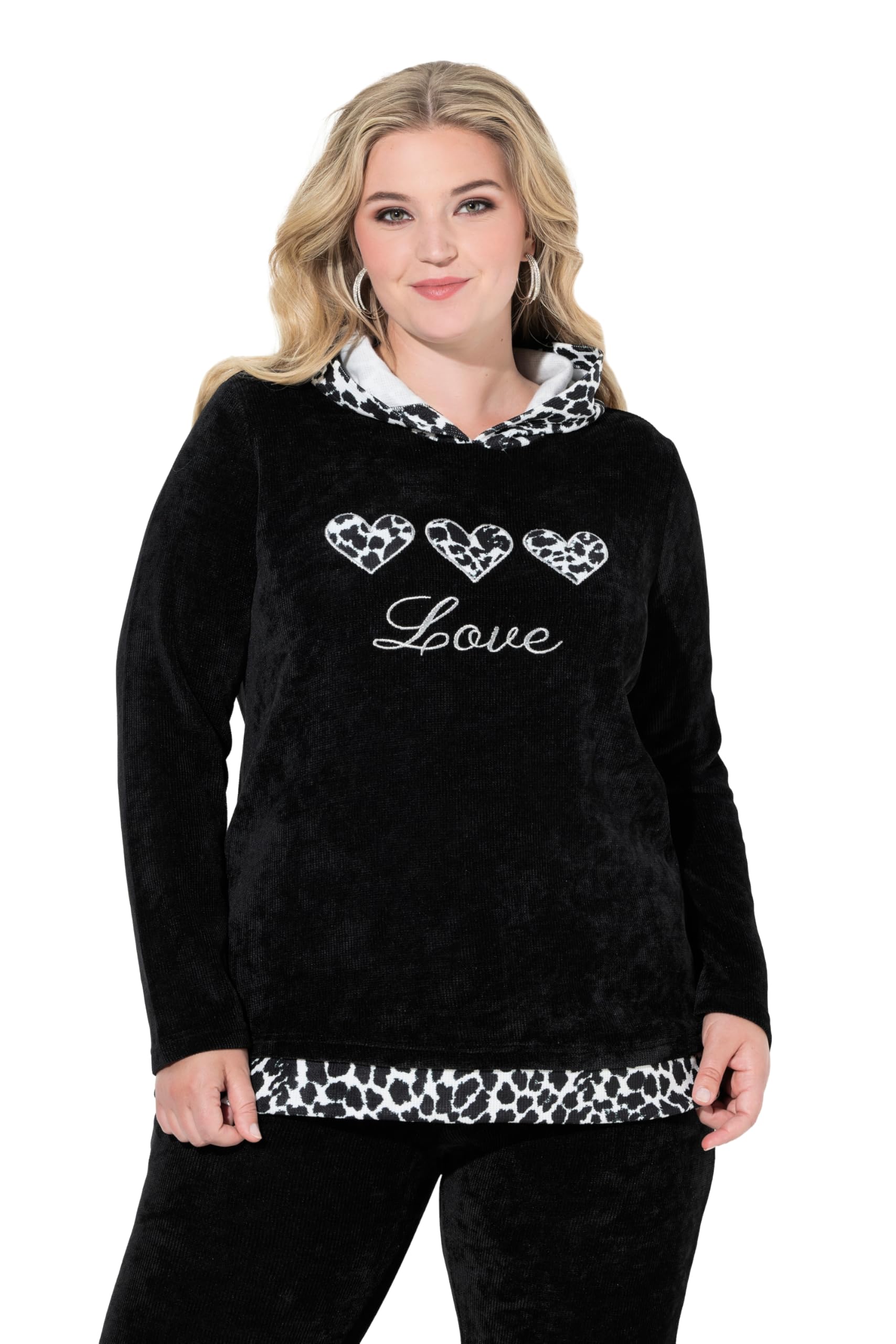 MIAMODA Damen große Größen Übergrößen Plus Size Hoodie, Kapuzensweater, Flausch-Sweat, Leo-Details 846031