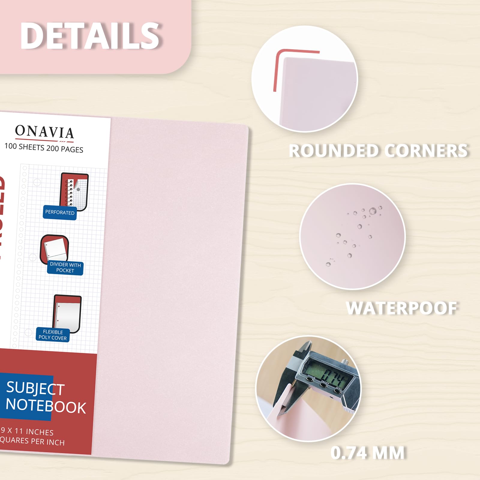 ONAVIA Quaderni a spirale a righe, 1 soggetto, confezione da 3, 19,1 x 26,7 cm, 100 fogli, copertina in polipropilene impermeabile, perforato a 3 fori con divisorio e tasca fronte-retro, per disegno e