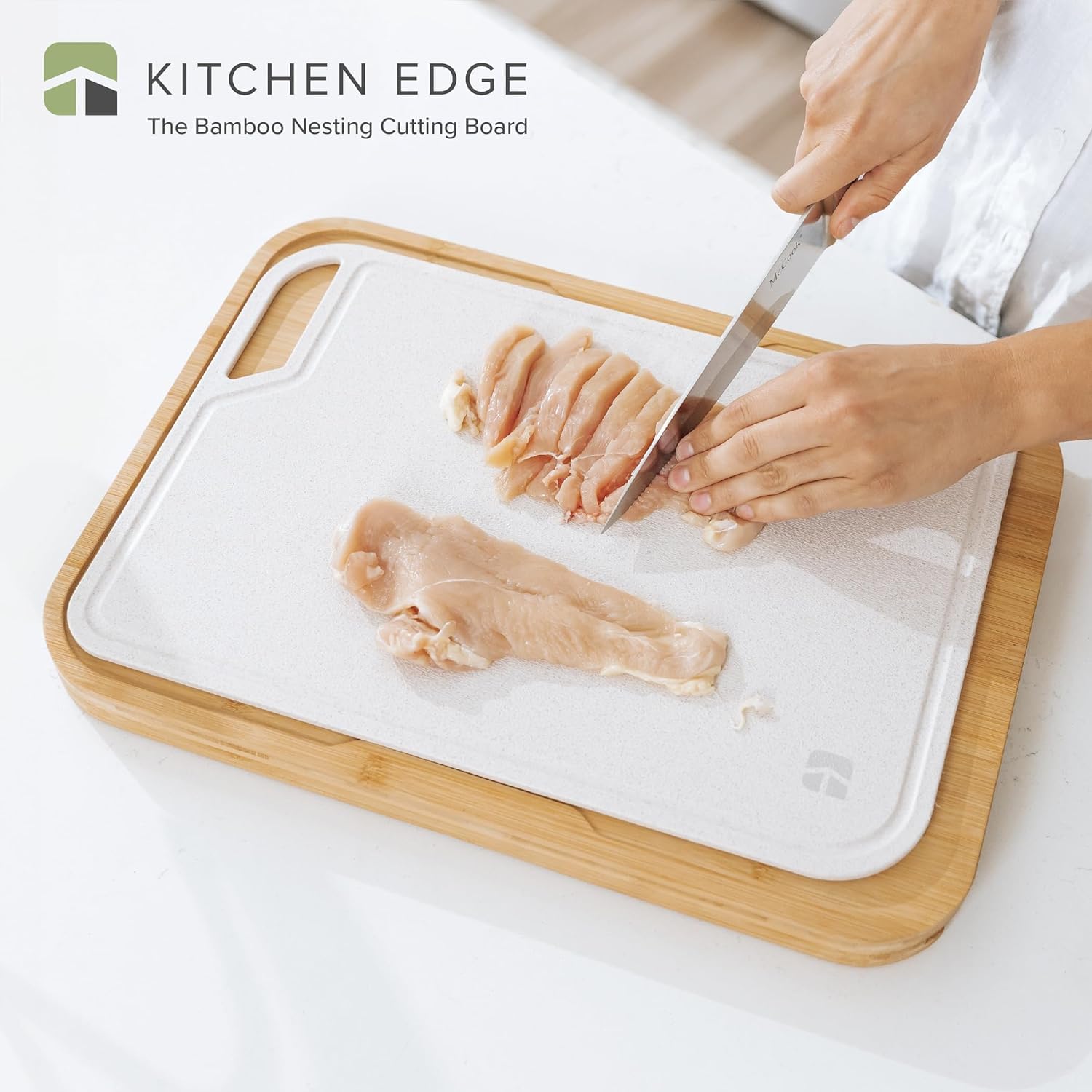KitchenEdge Bamboo Cutting Board with Nesting Rice Fiber Chopping Board for Cooking Prep, 2 Piece Kitchen Set, Non-Slip Rubber Feet with Juice Groove, Heavy Duty Construction, Pre Oiled, 17” x 12.5”