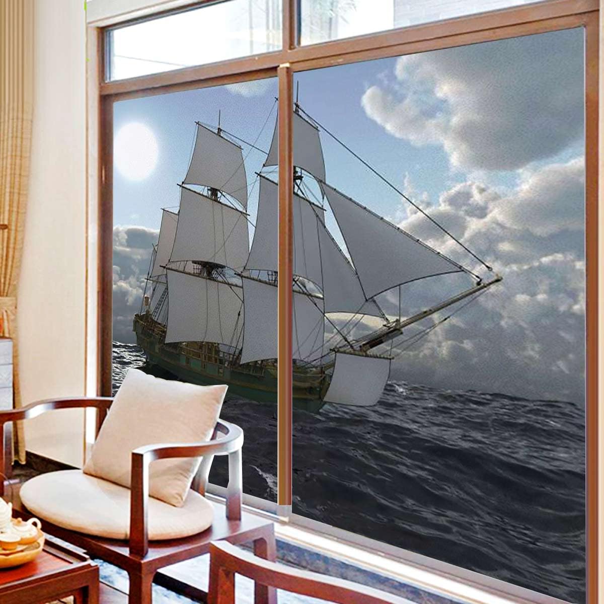 Amazon｜海軍 窓ガラスフィルム 帆船高船夜雨海の写真 水で貼る 剥が