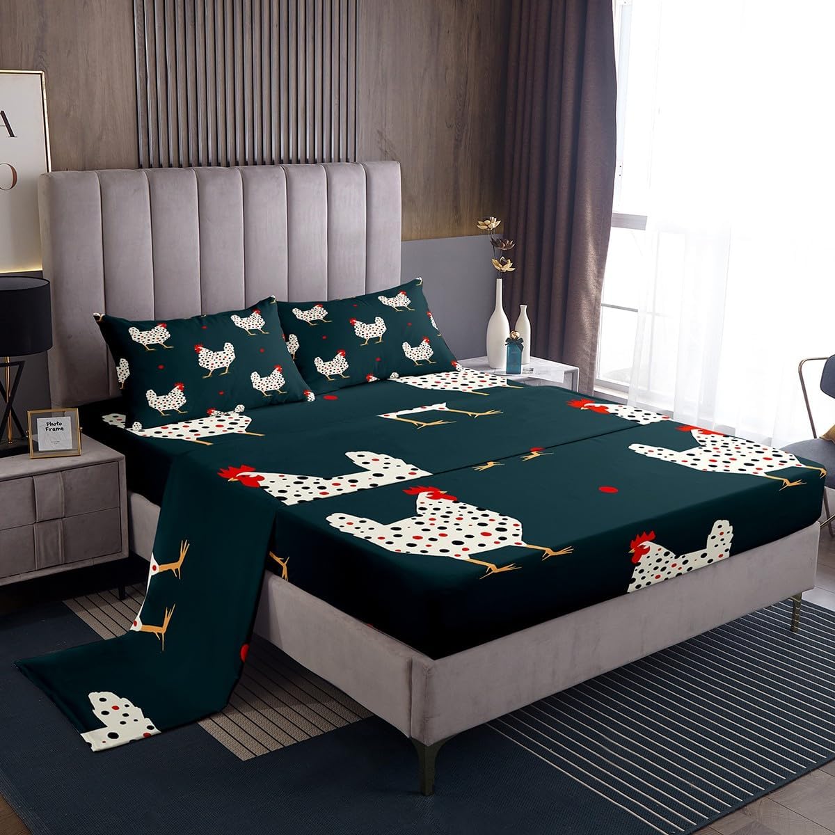 Chicken Cartoon Sheet Twin,Farm Animal Rustic Bedding Set for Kids Teens Adults,Boys Girls Farmhouse Dark Green Vintage Bed Sheet Set 3pcs(Deep Pocket Fitted Sheet + Flat Sheet + 1 Pillowcase)
