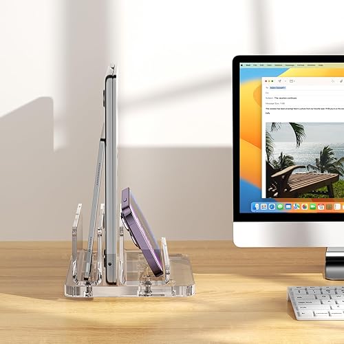 Miniatura 4 de Soporte vertical acrílico para laptop, diseño 3 en 1 con ancho de ranura ajustable, adecuado para ahorrar espacio de escritorio, compatible con