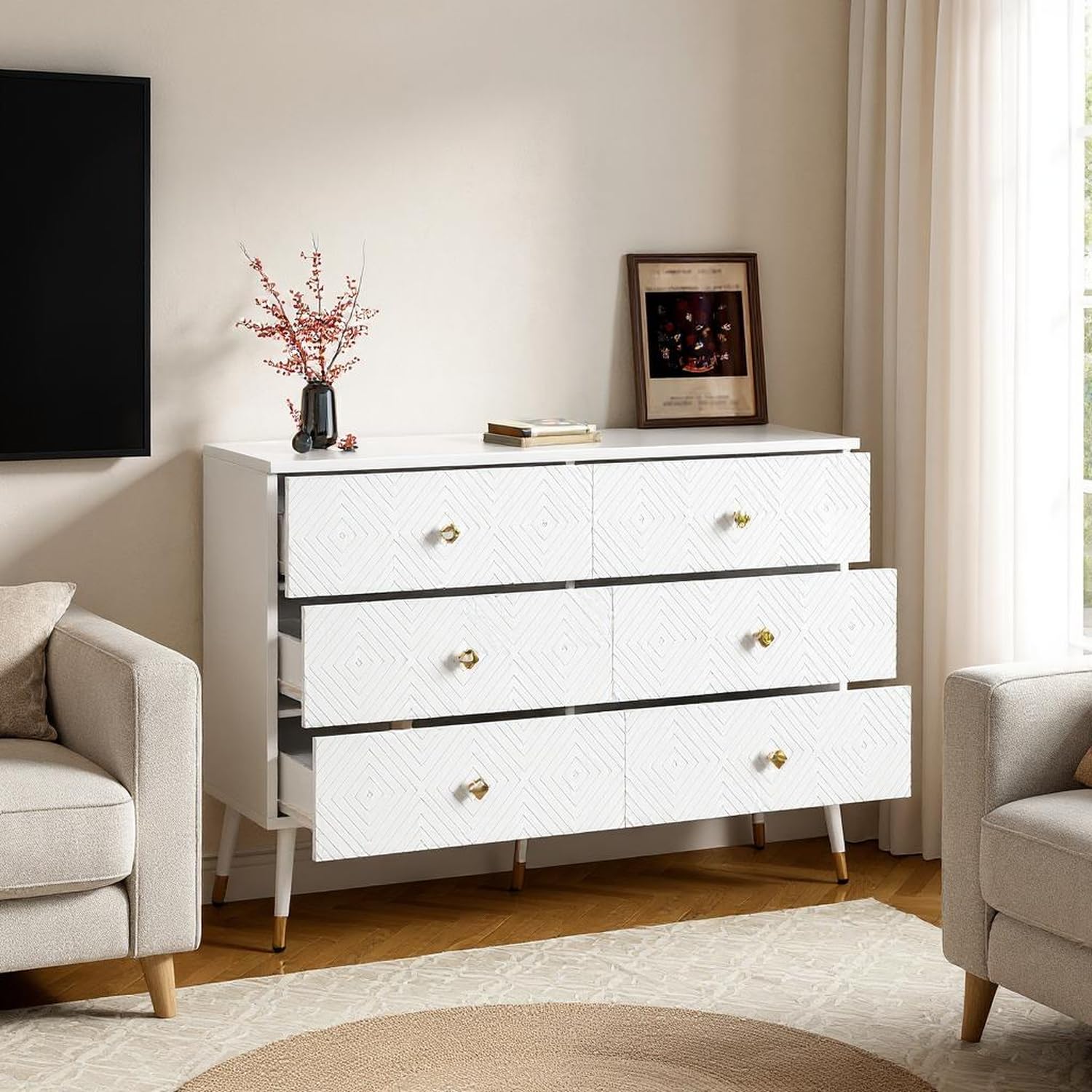 FurnitureR Weißer TV-Bank, 6 Schubladen, Modernes Design, Platzsparende Möbel, Langlebige MDF-Konstruktion, Stilvolles Wohnaccessoire