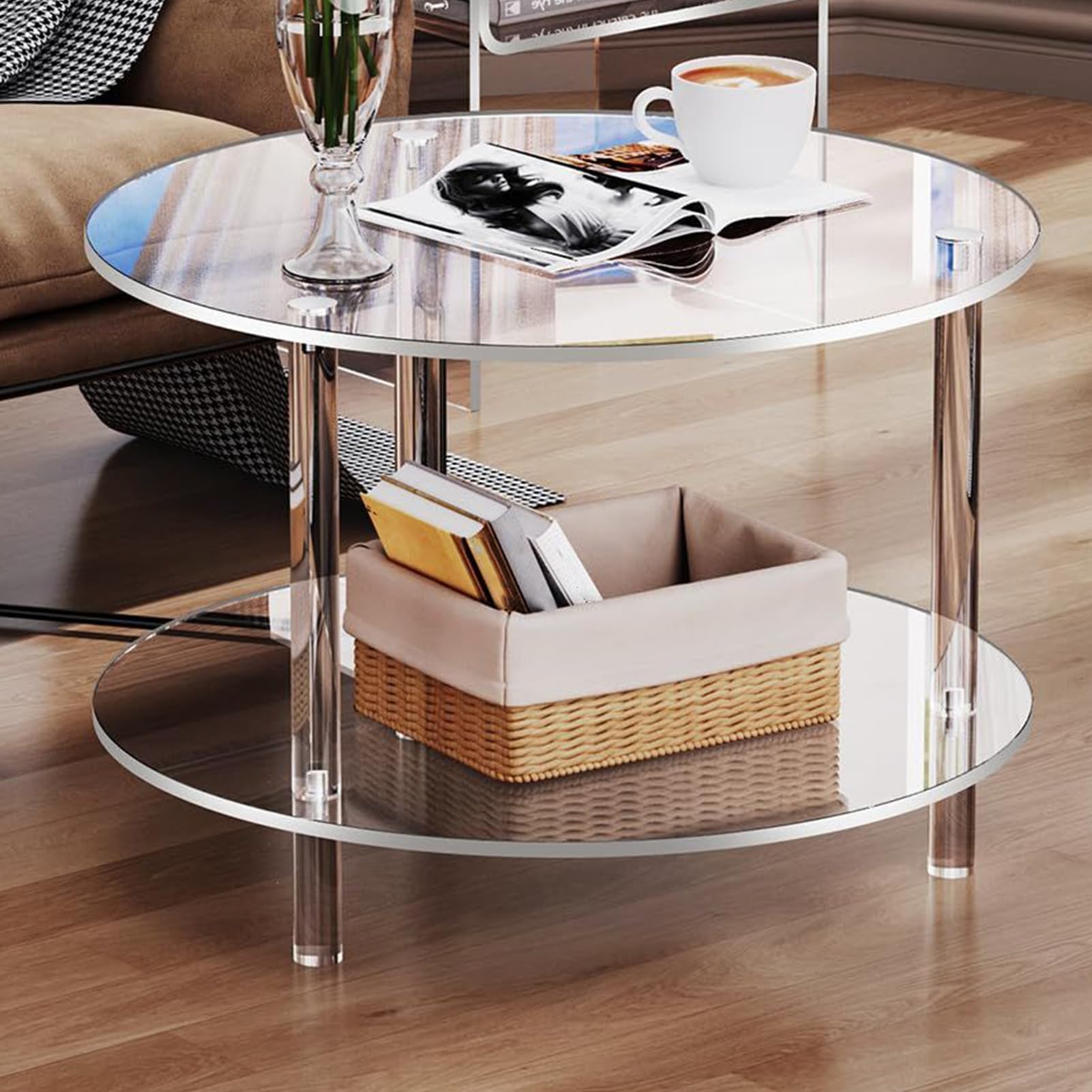 Générique Table D'appoint Ronde Transparente en Acrylique, Petite Table Basse Ronde Moderne, Tabl-e Centrale Double Couche, pour Étroits, Salons Et Chambres, 40 X 40 X 42 Cm