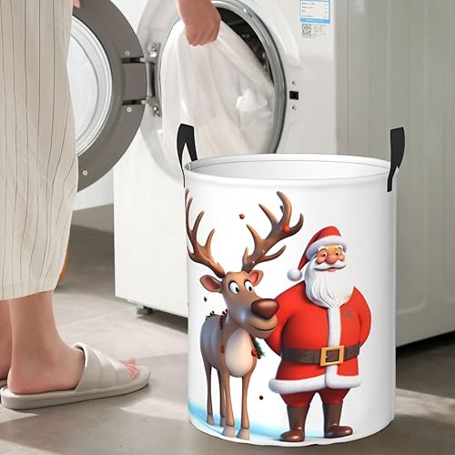 Miniatura 7 de Sant Claus Deer print Circular Hamper Waterproof Storage Bin Organizer Basket Laundry Hamper With Handles For Clothes Toys Medium