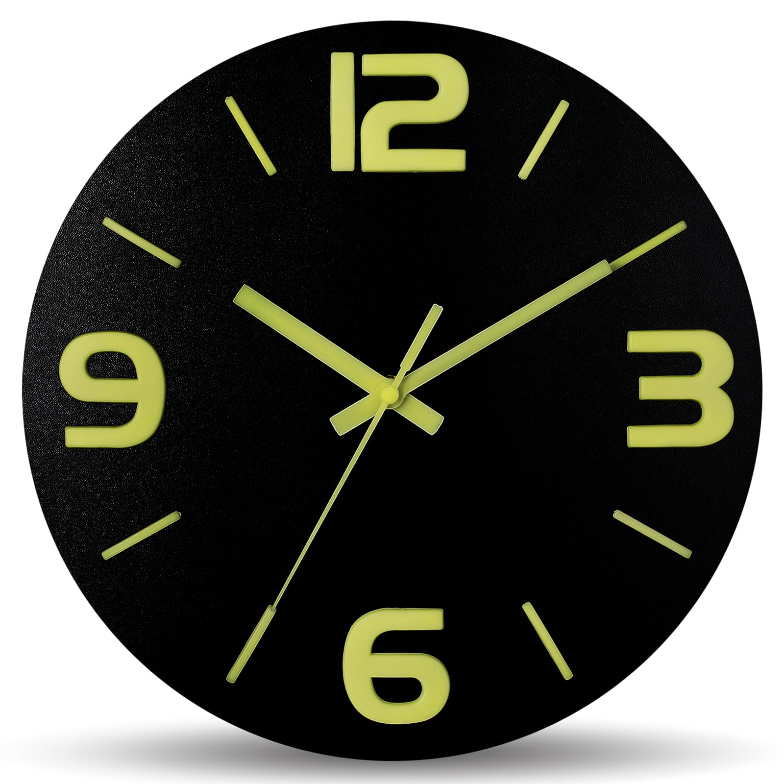 HZDHCLH Wood Wall Clock Glow in The Dark,Luminous Wall Clocks with 3D Numbers,Decorative Wall Clock Battery Operated for Bedroom Kitchen Living Room Office (Black)