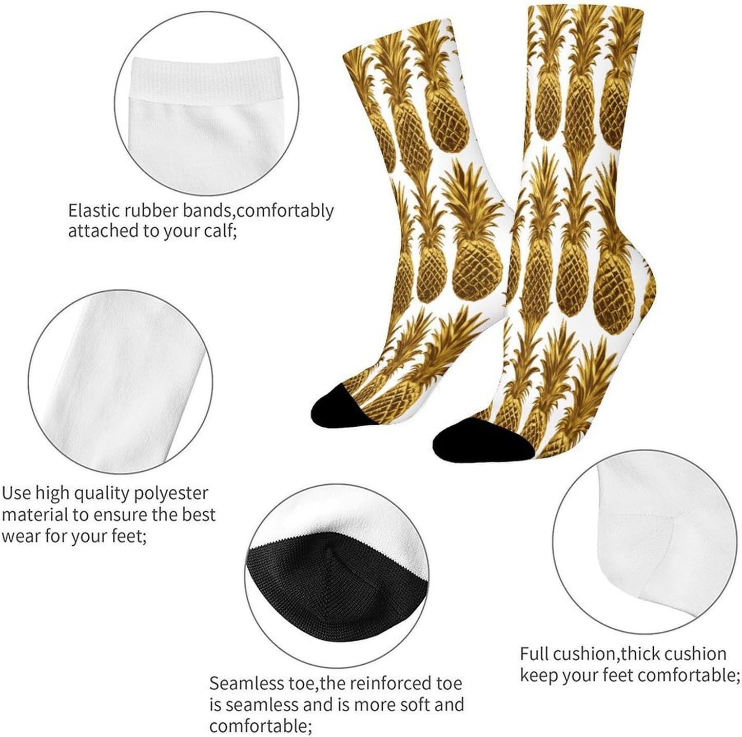 Gold Pineapple Background Crew Sock High Stocking Grippy Socks | Socks for Men & Women,Stockings-Long Thin Tube Sports, Breathable Soft Athletic for Nurses,Travel