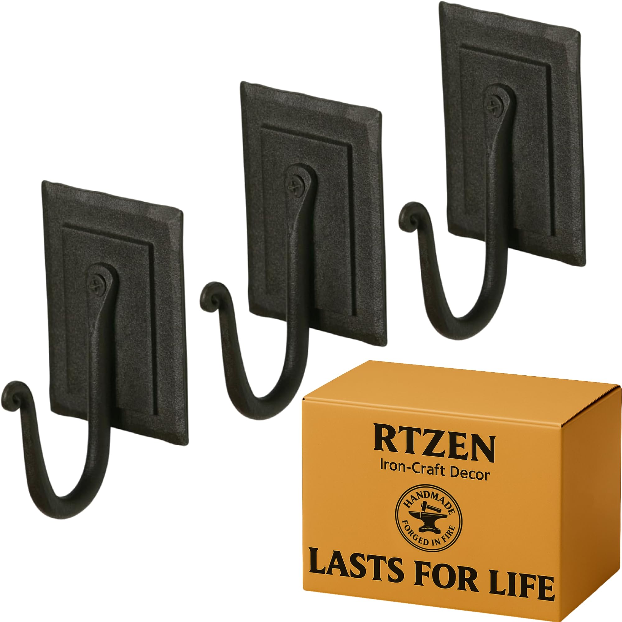 RTZEN Wall Mount Hook Set - Wrought Iron Decorative Rustic Metal Coat Hooks for Hanging - Handcrafted Classic Farmhouse Wall Mounted Black Hooks for Towel Robe or Hat Hanging - 3 Pack