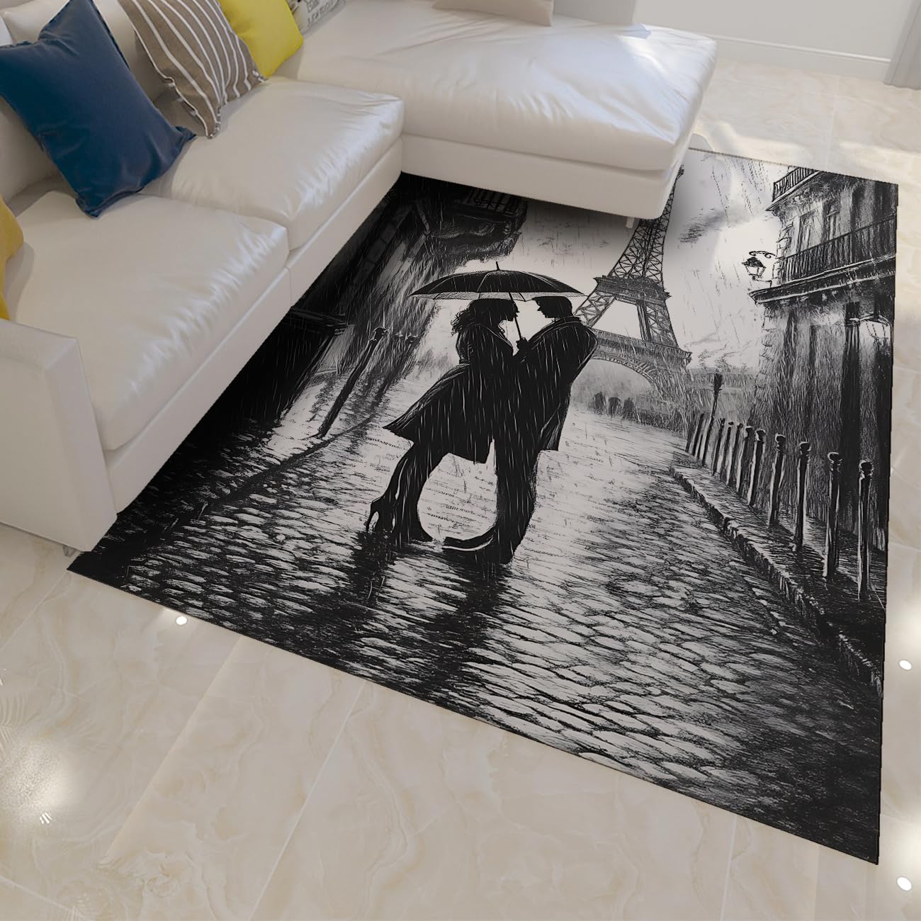 Tapis 80x150cm gris foncé Tour Eiffel idéal comme descente de lit lavable et romantique