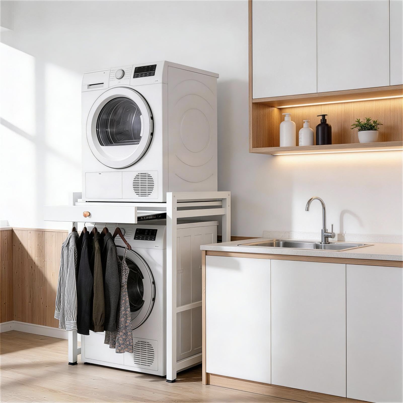 Generisch Waschmaschinen Trockner Schrank mit Auszug, 300 kg Tragfähigkeit Trockner Schrank, Regals für Waschmaschine, 75x63x105cm für Badezimmer Balkon Wäscheraum - Weiß