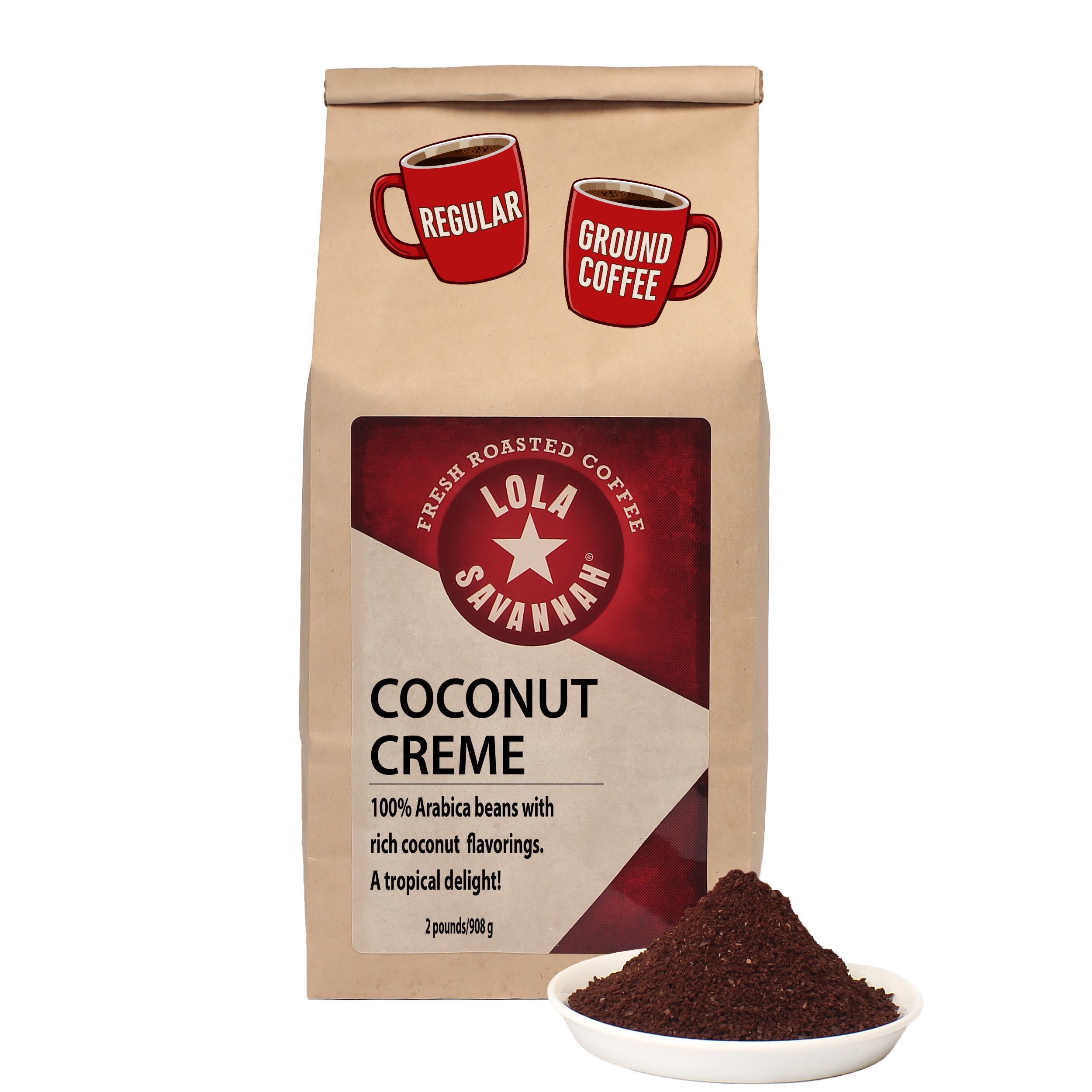 Lola Savannah Coconut Crème Ground Coffee - Smooth Gourmet Arabica Coffee Flavored with Sweet Creamy Coconut, Caffeinated, 2lb Bag