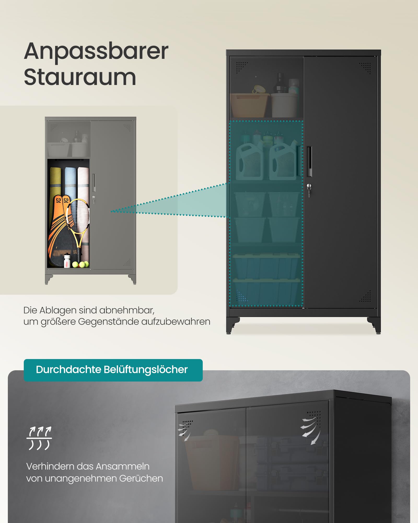 SONGMICS Mehrzweckschrank, Garderobenschrank, Aufbewahrungsschrank, Aktenschrank, Metallschrank, mit 2 Türen, 5 Fächern, Hängestange, abschließbar, hohe Füße, 80 x 40 x 165 cm, Mattschwarz OMC018BD01