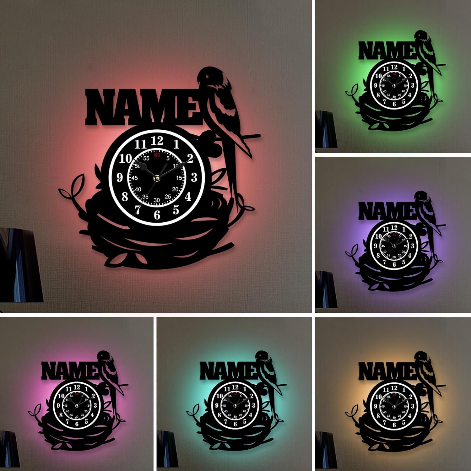 Personalized Wall Clock with 7 Colors Changing, Fun Animal Style Customized Text Art Wall Clock with Personalized Name, Unique Decor Gift for Bedroom Living Room Kitchen, Dog Wooden