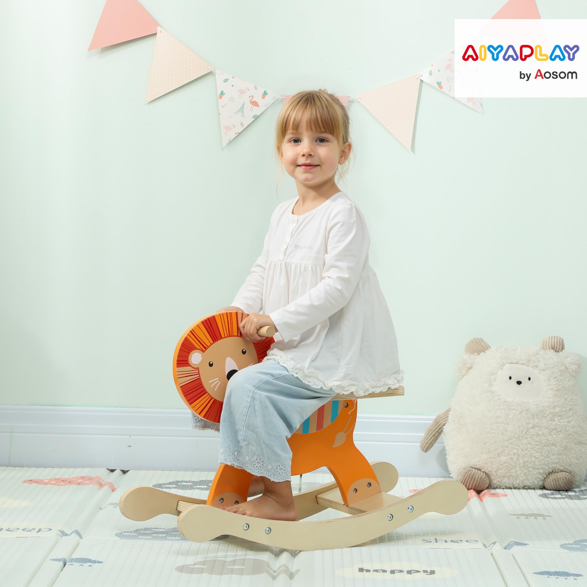 AIYAPLAY Schaukelpferd Holz, Kinder Schaukeltier mit Haltegriffen Schaukeltier Löwen für Kinder von 2-5 Jahren Orange