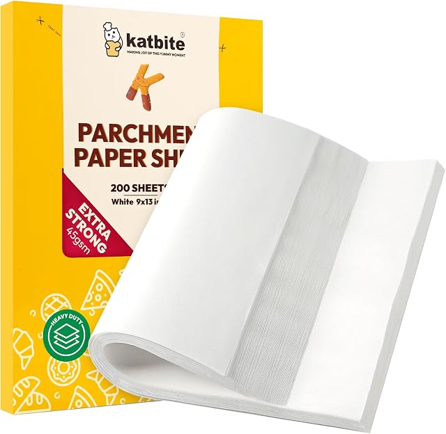 Wytrzymałe arkusze papieru do pieczenia 200 szt., 23 x 33 cm, Katbite biały wstępnie pocięty papier pergaminowy odporny na tłuszcz, papier do pieczenia ciasteczek, chleba, mięsa, pizzy