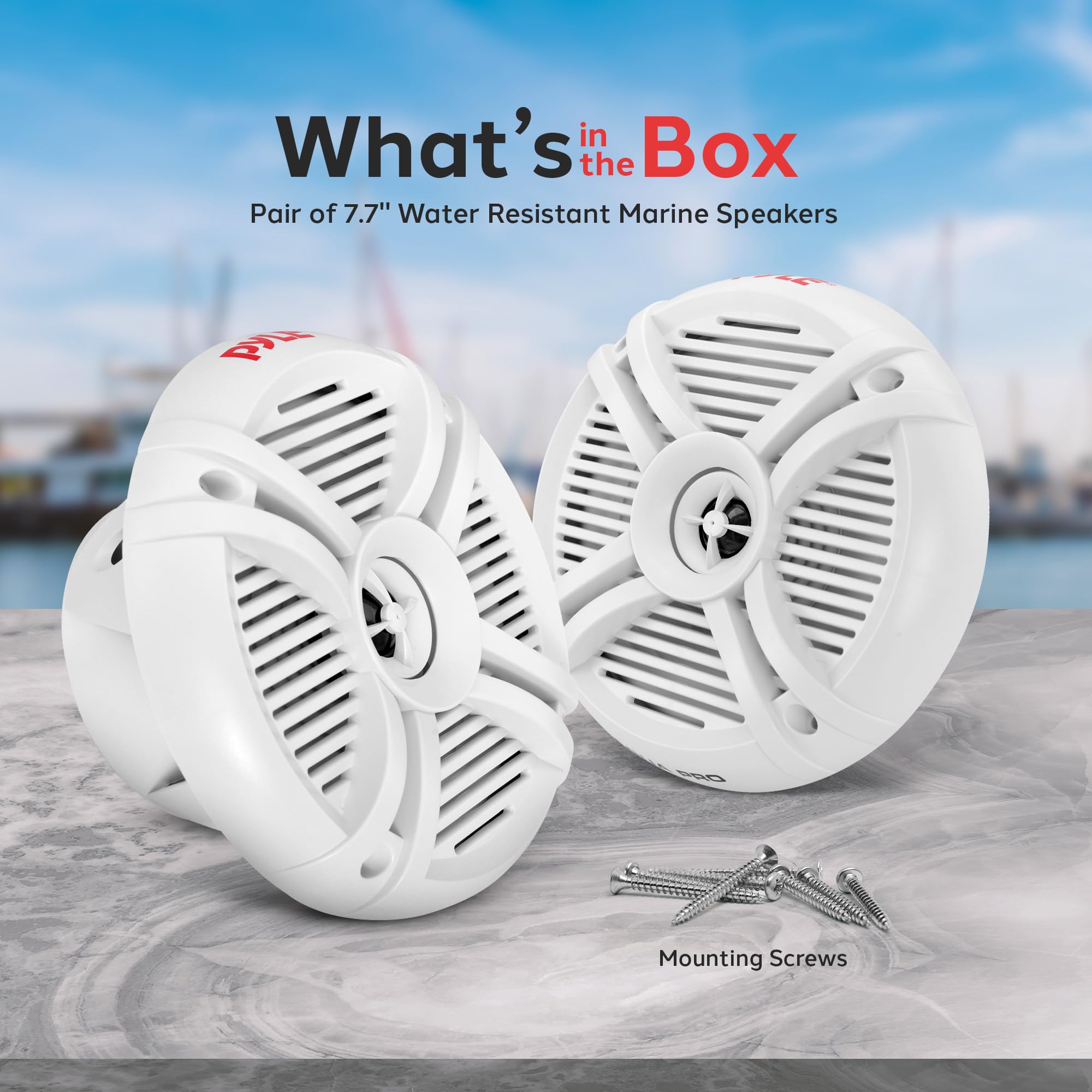 Pyle Dual 7.7'' Water Resistant Marine Speakers, 2-Way Full Range Stereo Sound, 280 Watt, White (Pair)
