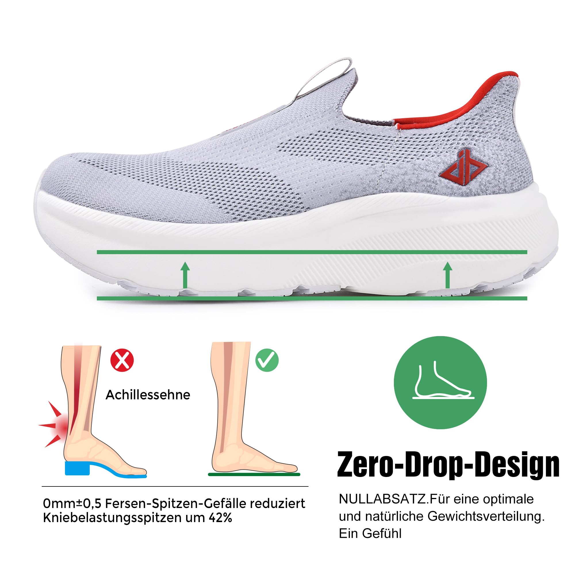 JACKSHIBO Męskie buty wsuwane, wsuwane buty typu sneaker, podparcie łuku, ortopedyczne buty z pianki z pamięcią kształtu, buty do biegania, buty sportowe, szary, 42 EU szeroki