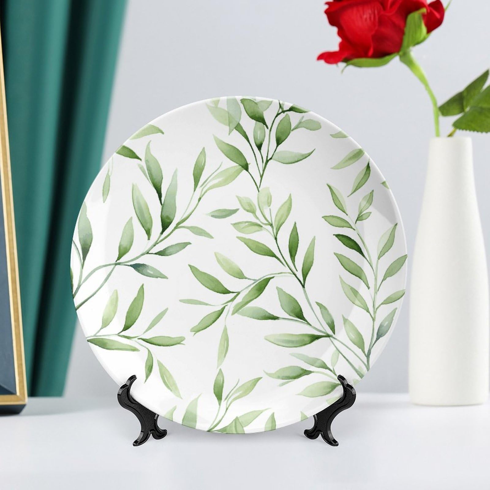 Piatti piani in ceramica con motivo stampato con foglie verdi, piatti decorativi in porcellana Bone China con espositore Ornamenti in ceramica artistica per decorazione da appendere alla parete,
