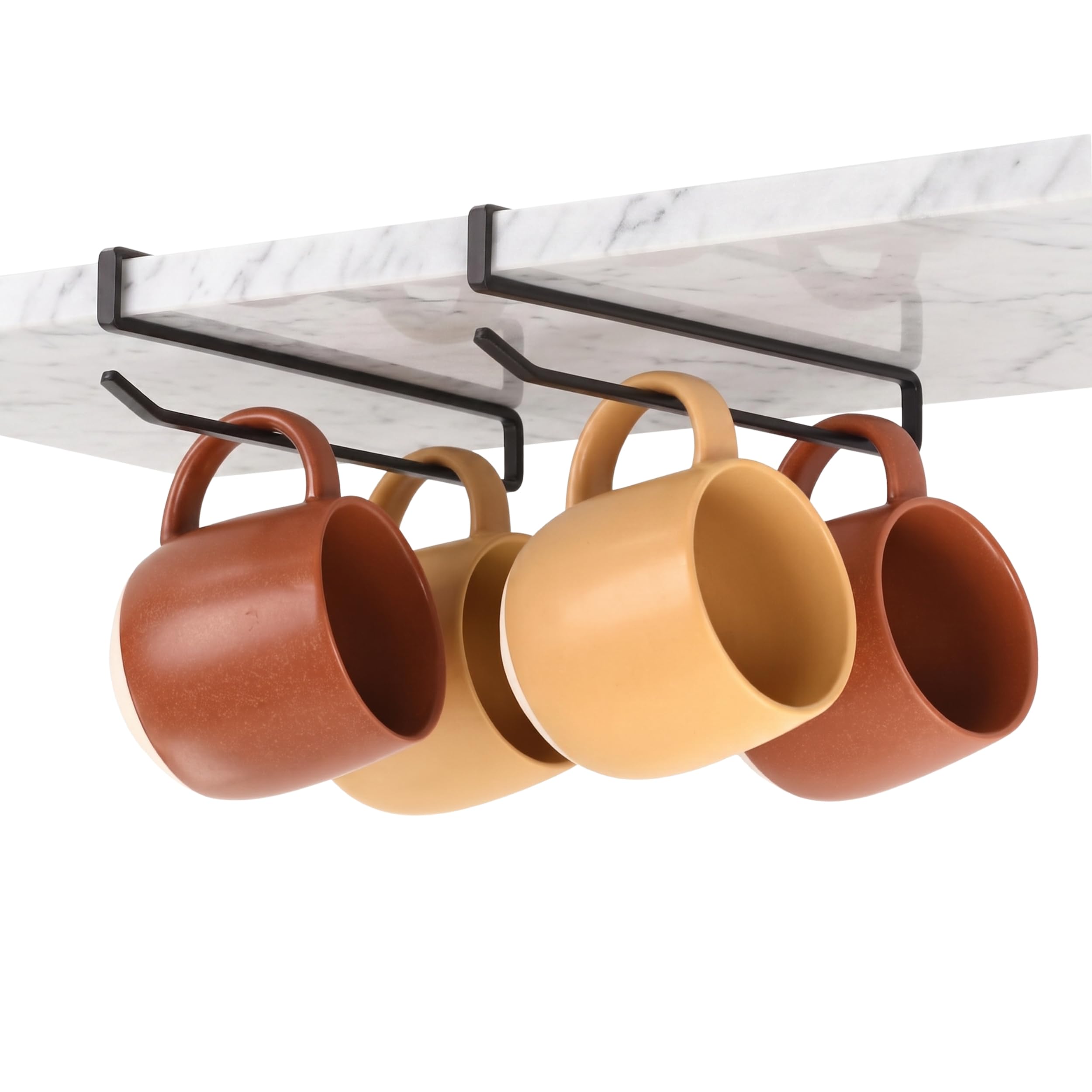 Coffee Mug Holder Under Cabinet - Pack of 2 | Clip-On Coffee Mug Hanger for Cabinet Shelves | Drill-Free Shelf Mount Cup Holder for Mugs Cups Utensils Tumbler Lids | Steel Rack Black