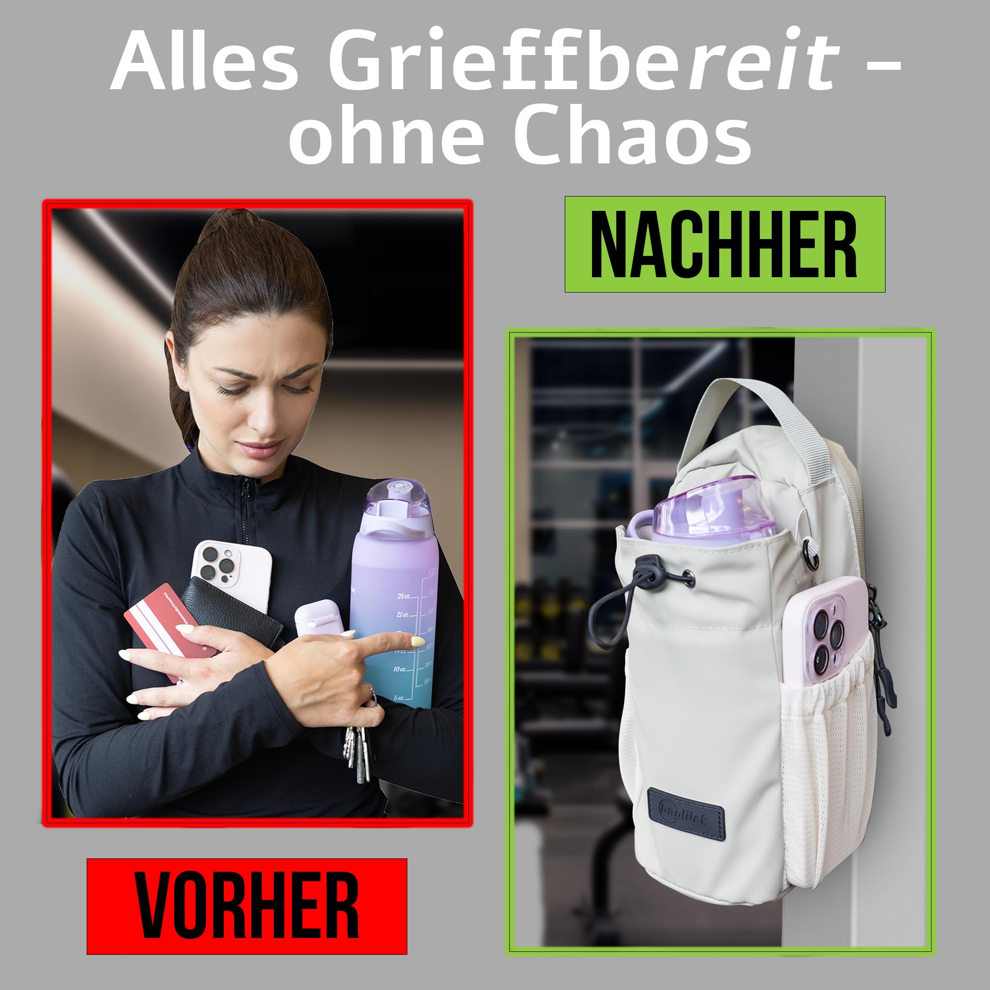 Magnetische Sporttasche mit Flaschenhalter – universelle Schulter- & Umhängetasche für Damen & Herren, ideal fürs Gym, Freizeit & Reisen (Beige)