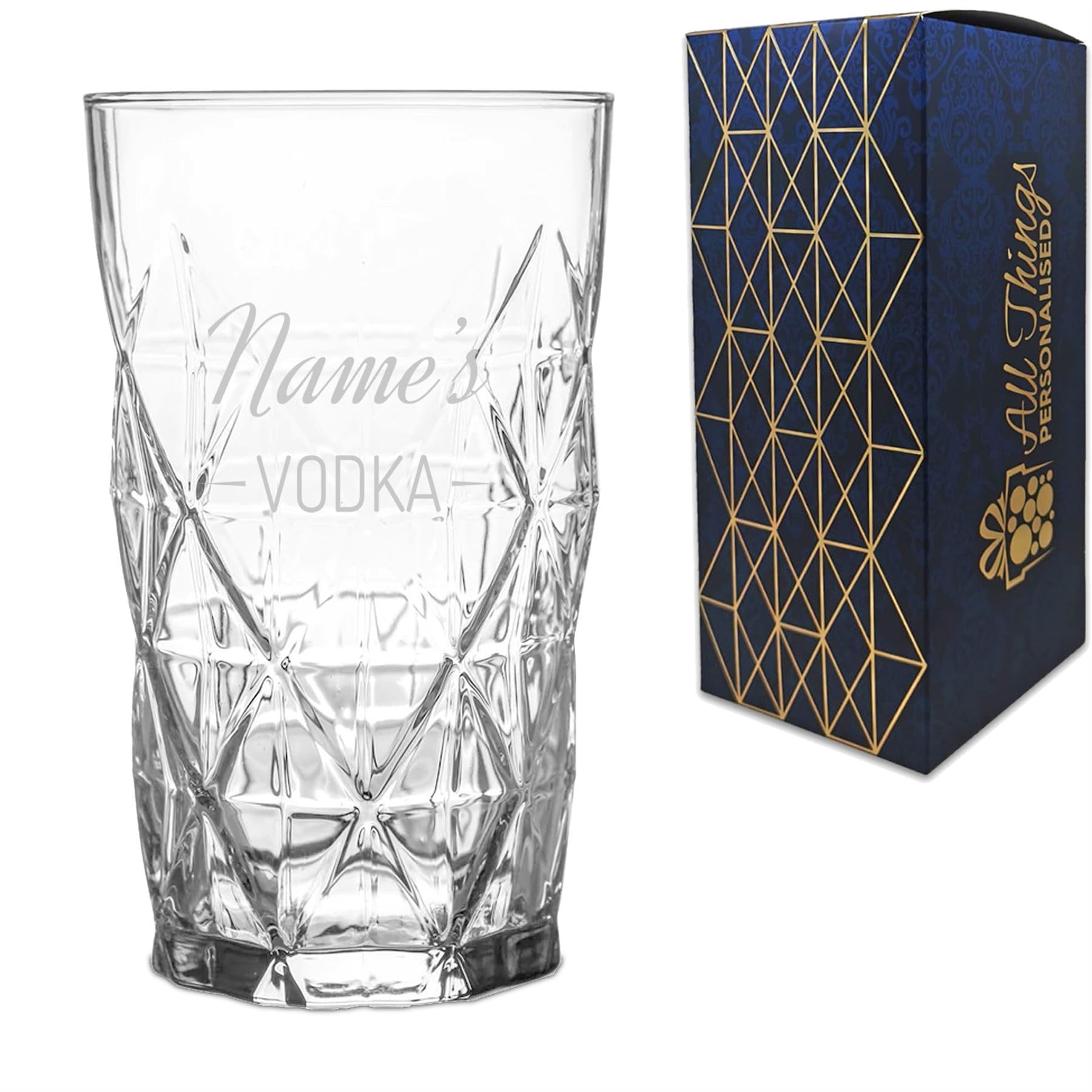 Personalised Engraved Novelty Vodka Keops Hiball Tumbler Glass with 'Name's Vodka' Design, Customise with Any Name for Any Occasion, Gift Box Included, Laser Engraved