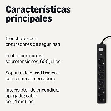 Amazon Basics Power Strip with 6 Outlets and Surge Protection, Power Strip with Power Strip, Safety Caps, 1.4 m Cord, 6 Sockets, 600 J, Black