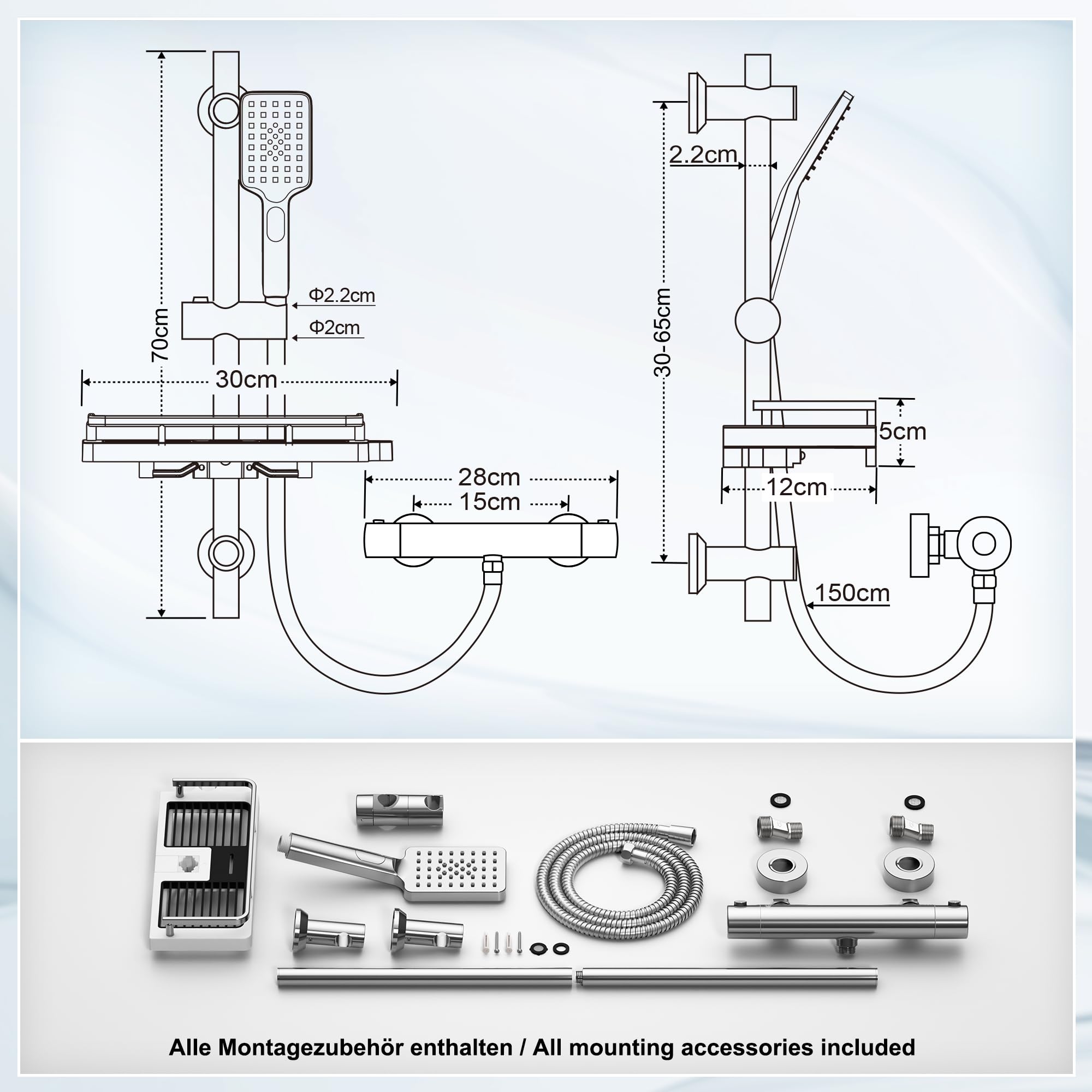 Görbach Colonna Doccia con Miscelatore Termostatico, Set Asta Doccia in Acciaio inox con Doccetta e Tubo, Saliscendi Doccia 70 cm con Mensola, Cromo