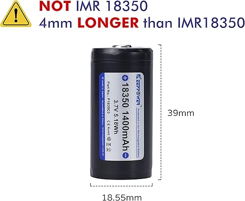 Miniatura 3 de Keeppower Batería de iones de litio protegida 18350 recargable 3.7V 1600mAh 5.92Wh con botón superior para linterna (no alto drenaje) (paquete de 2)