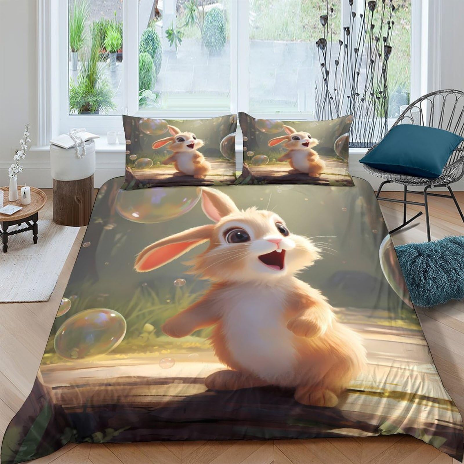 Ctjqhvkz Style-8 3D Printed Cute Bunny Fitted Sheet Microfiber Soft Animal Forest Mattress Cover For Bedroom Dorm Decor Single（135X200cm）