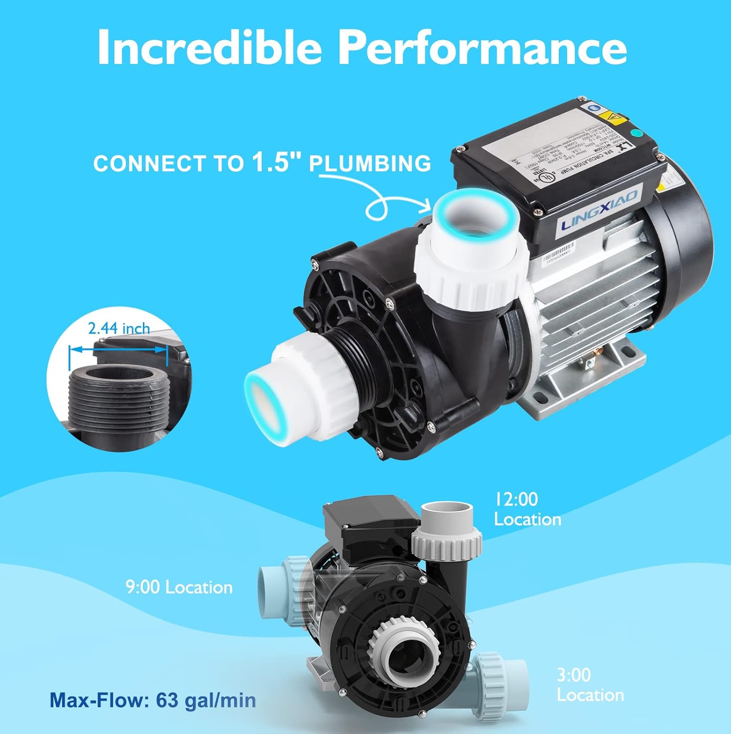 Hot Tub Circulation Pump, LX SPA Pump Motor, 0.35HP, 230V,1.5" Port (WTC50M-Long Snout)