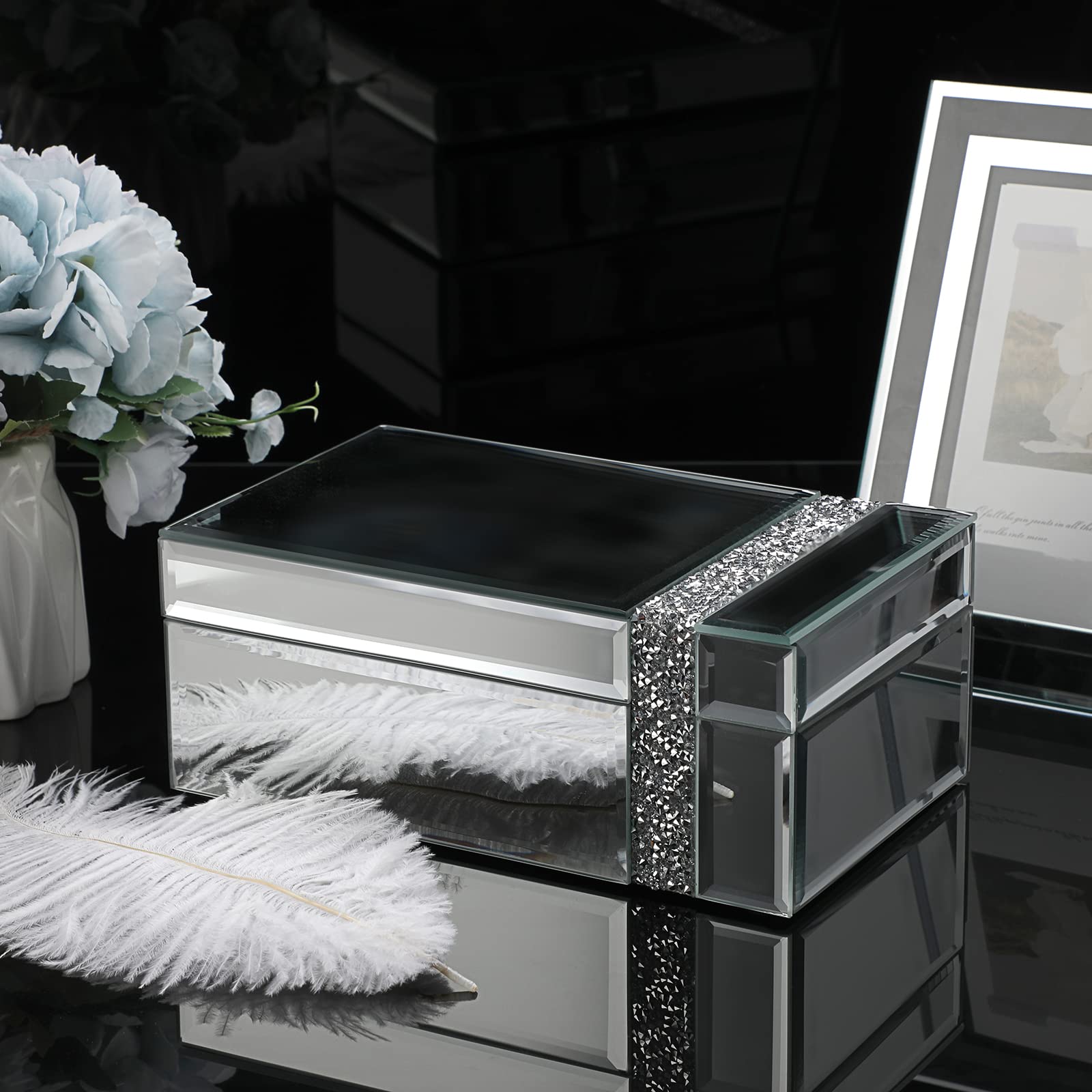 Portagioie In Vetro Con Specchio E Diamanti - Scatola Elegante Per Orecchini E Anelli, Argento - Foto 11