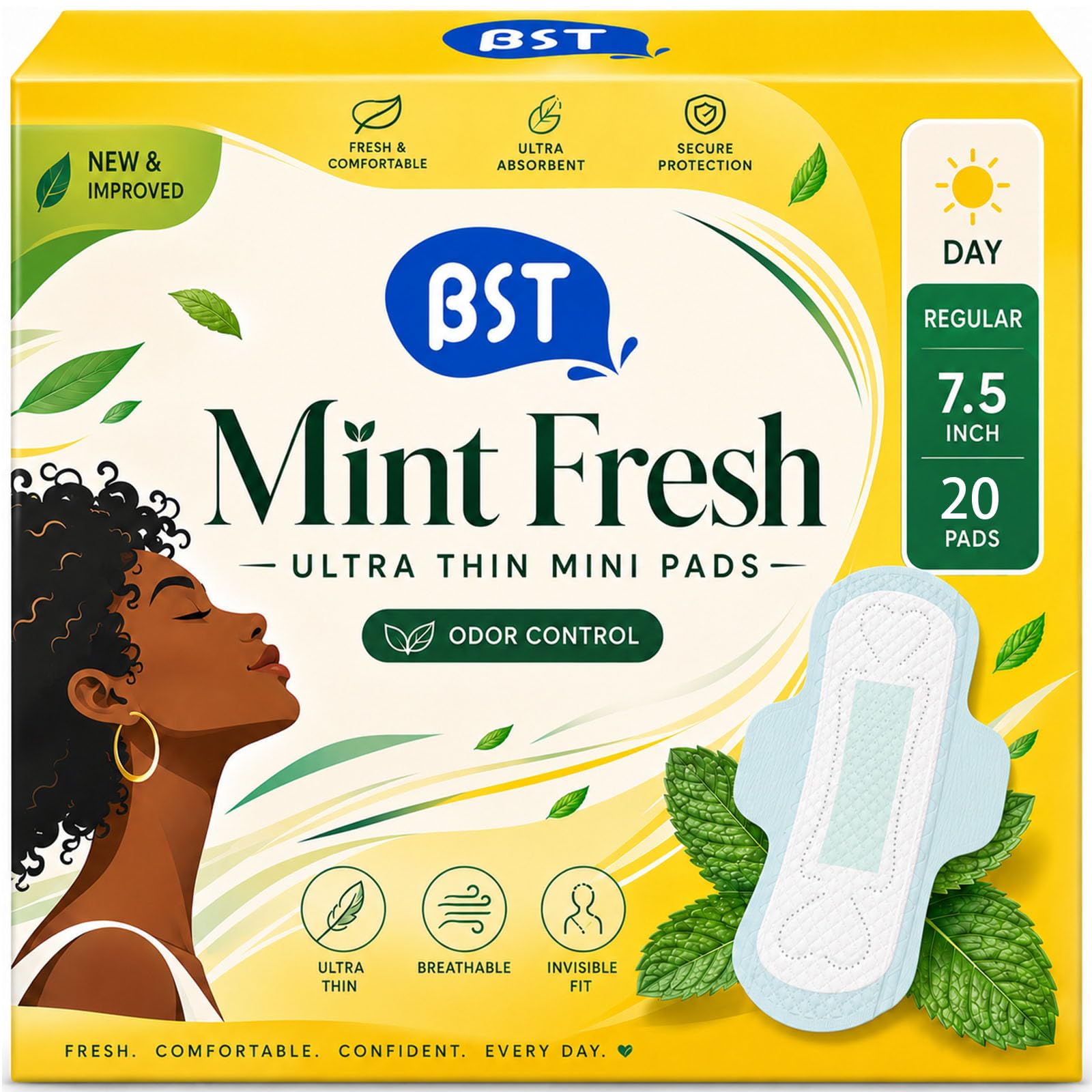 BST Pads - Almohadillas sanitarias femeninas camelia para mujer, mini absorción, almohadillas ultrafinas naturales frescas con alas para mujer, talla 20