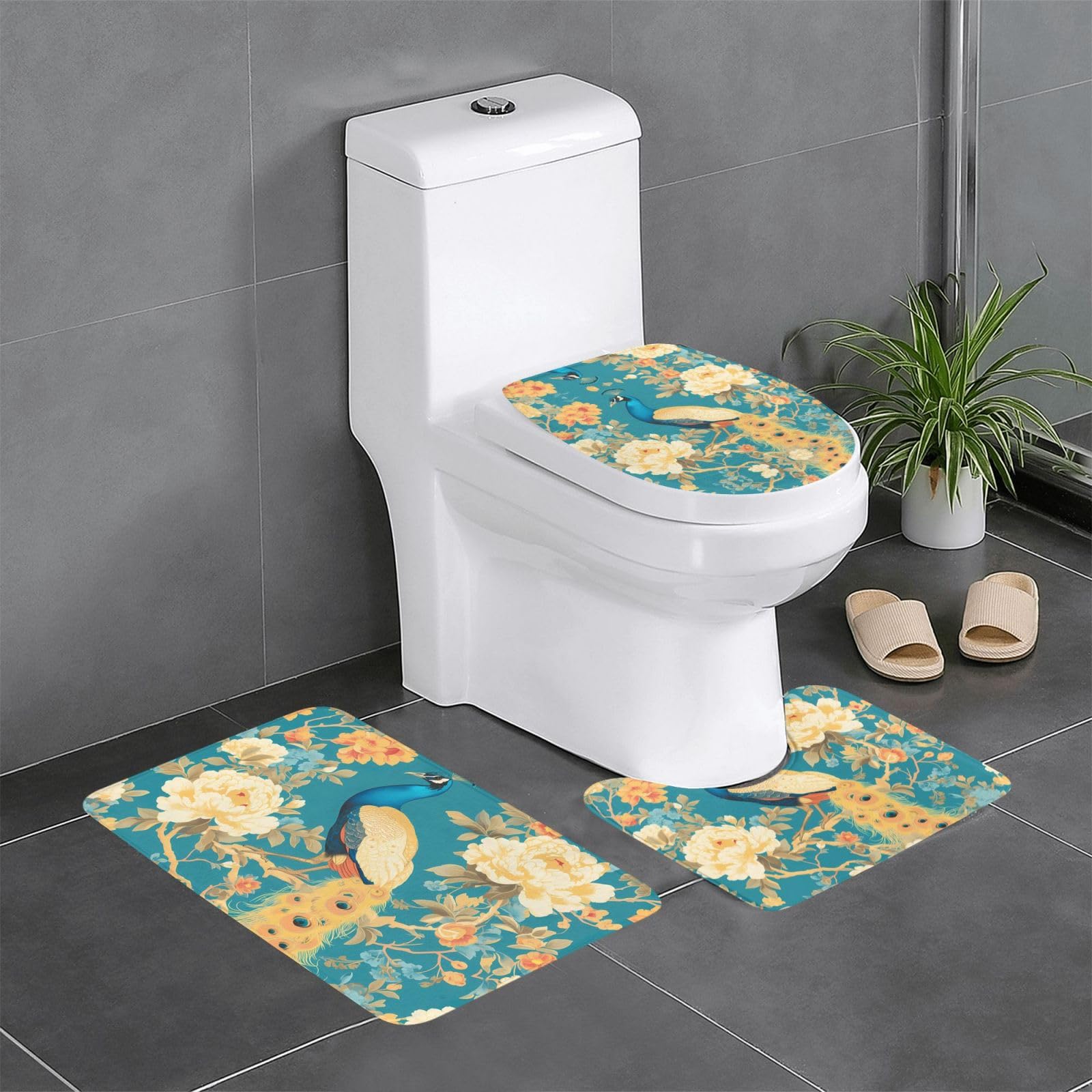 Tapis de bain antidérapant haut de gamme motif floral paon pour décoration WC