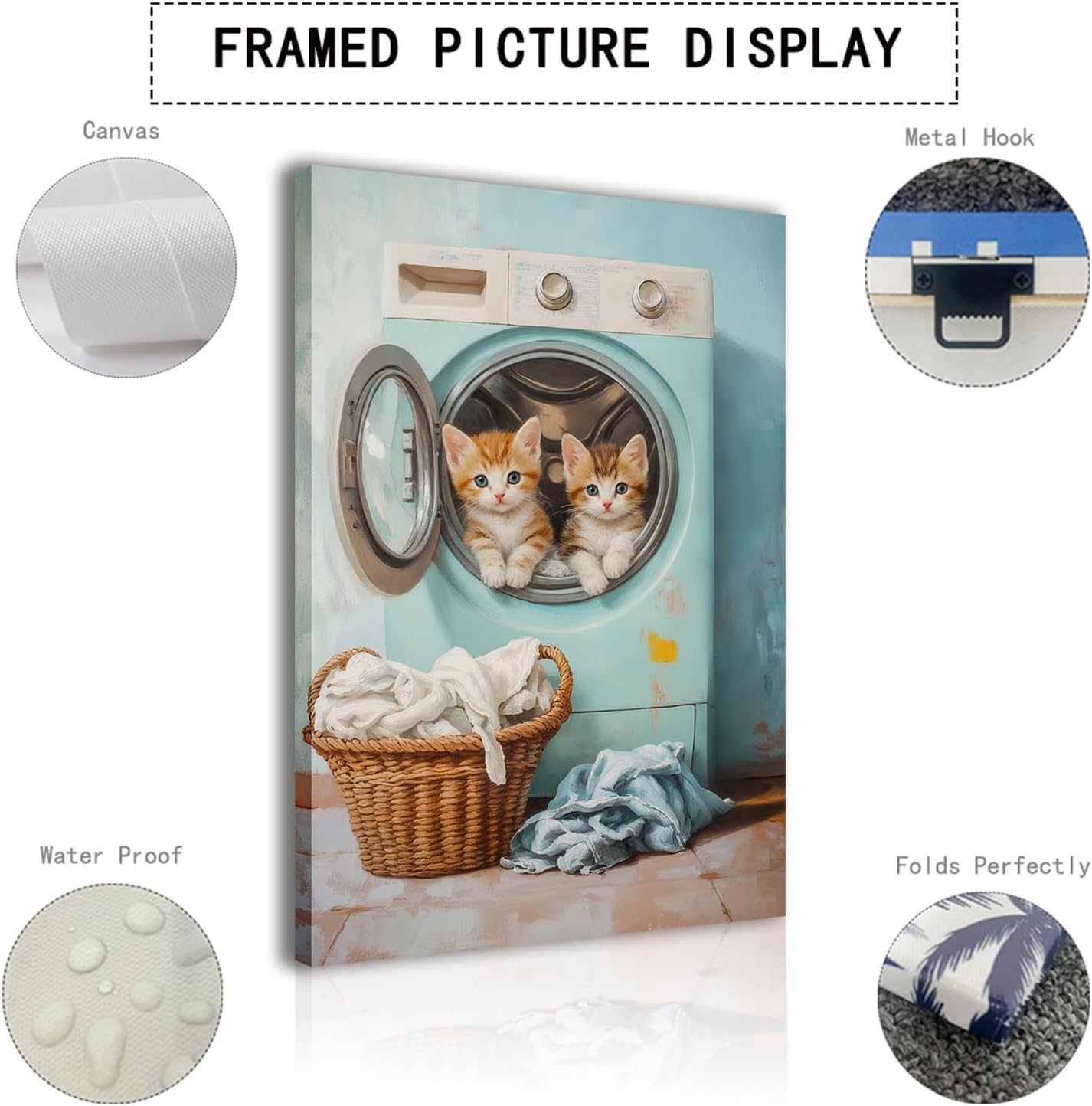 BAOYILONG Laundry Room Canvas Wall Art Vintage Funny Cat Artwork Decor Laundry Room Sign Pictures Cute Kittens Painting Print Framed (WE62-9, 12.00L x 18.00W, Framed)