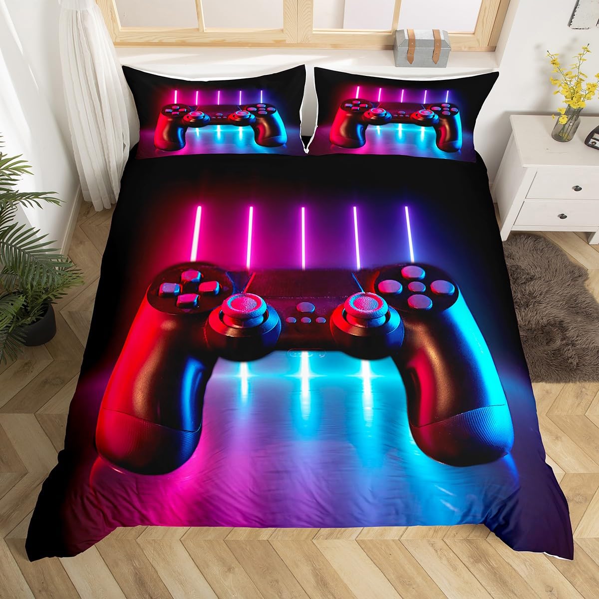 Gamepad Bedding Set Console Video Game Duvet Cover Set for Kids Boys Teens Gradient Neon Comforter Cover Gamer Gaming Game Controller Quilt Cover Room Decor 2Pcs Cot,Zipper