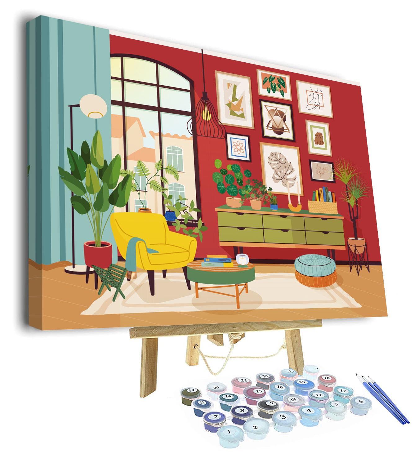 TISHIRON Adult Paint by Number Kits - Cozy Living Room Interior with Furniture and Green Plants Paint by Numbers Kit for Adults, DIY Art Painting for Beginners - 16x20 Inch(Framed)