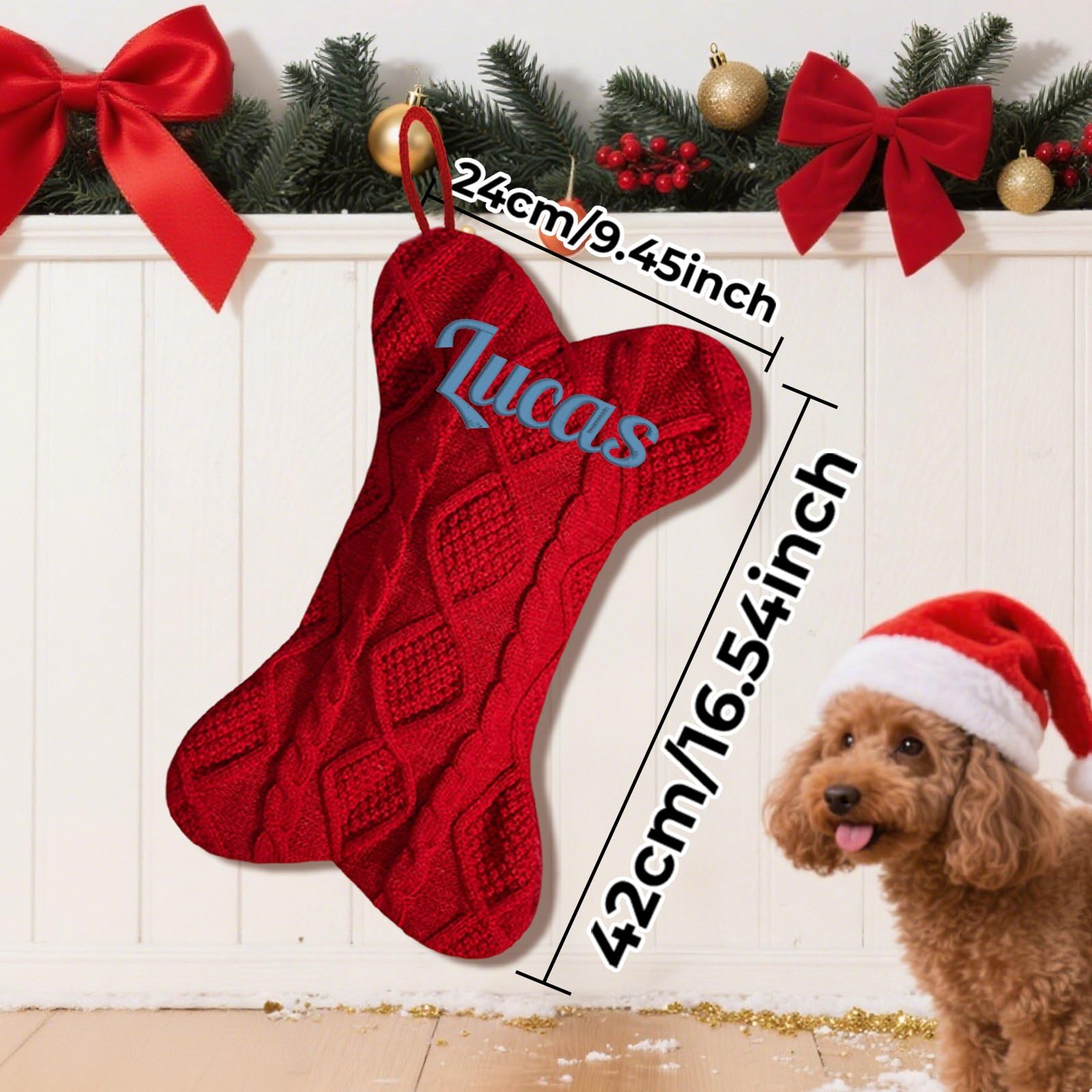 Calza natalizia lavorata a maglia a forma di osso grande da 41,9 cm con nome, nome ricamato personalizzato 41,9 cm, calza di Natale grande per feste di Natale e decorazioni per la famiglia