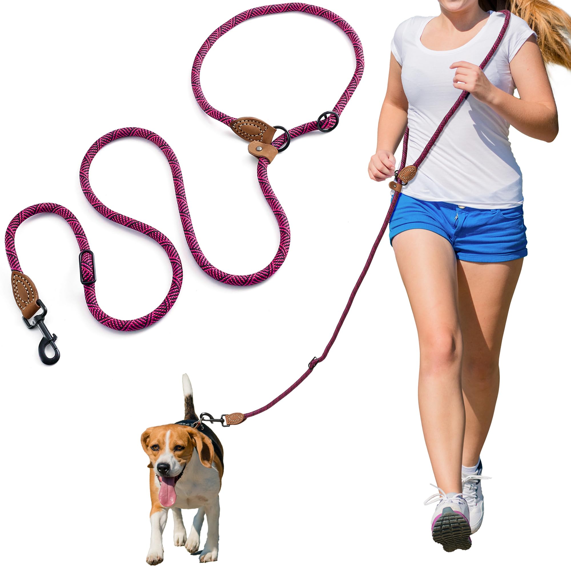 Mile High Life - Laisse en corde pour chien avec double configuration et fermoir robuste en métal - Multicolore, 2 longueurs au choix (1,80 m et 2,10 m), 7 FT Hand Free, rose vif