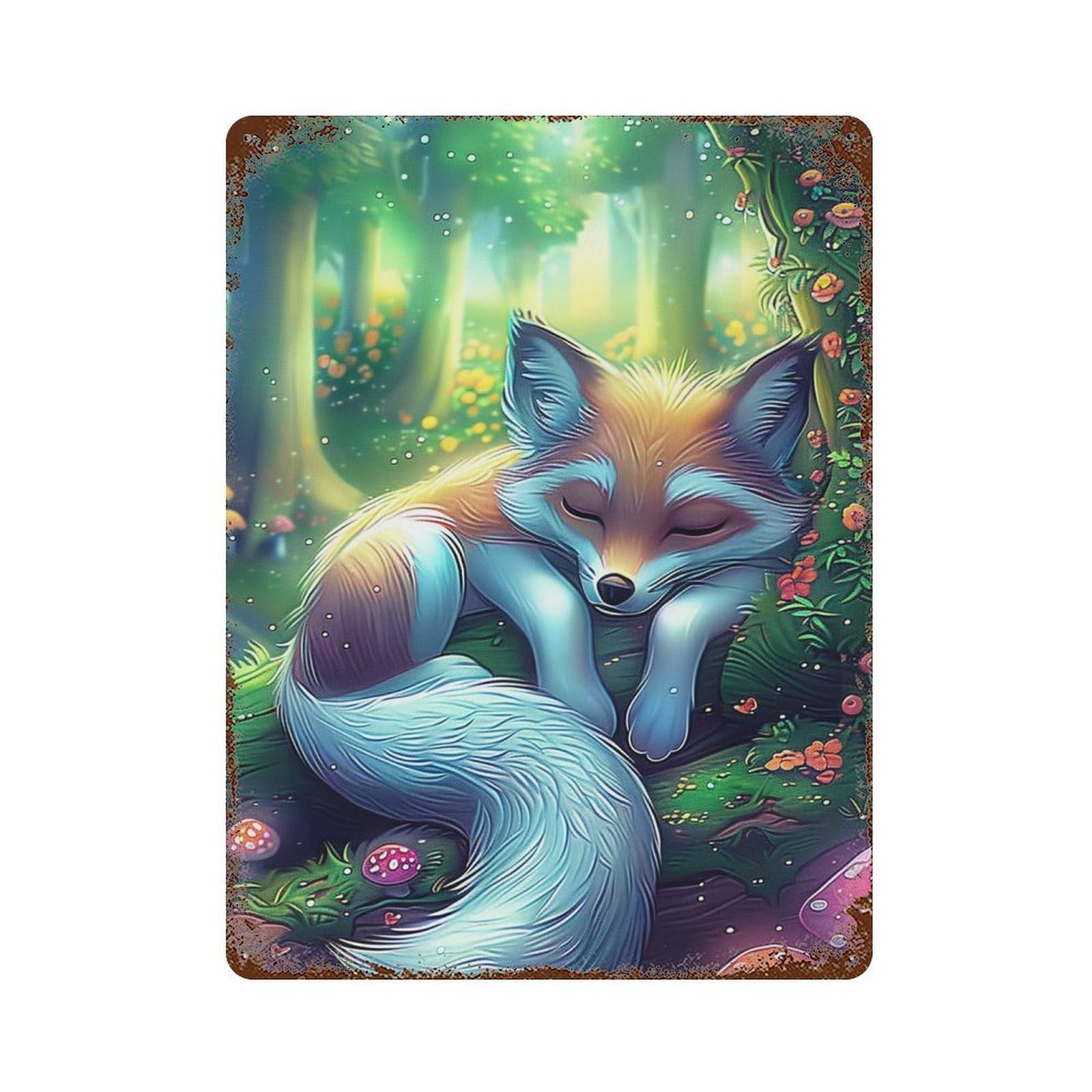 Fantasy Forest Fox Artwork Rust Effect Tin Sign 15.7"x11.8", Vintage Wall Decor for Pub, Kitchen And Man Cave Decor