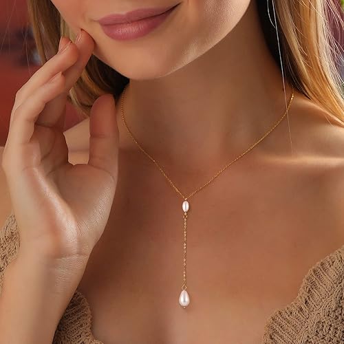 Miniatura 3 de Collares de perlas para mujer, chapado en oro real de 14 quilates, delicado collar de perlas para mujer, collar de cadena de perlas hecho a mano,