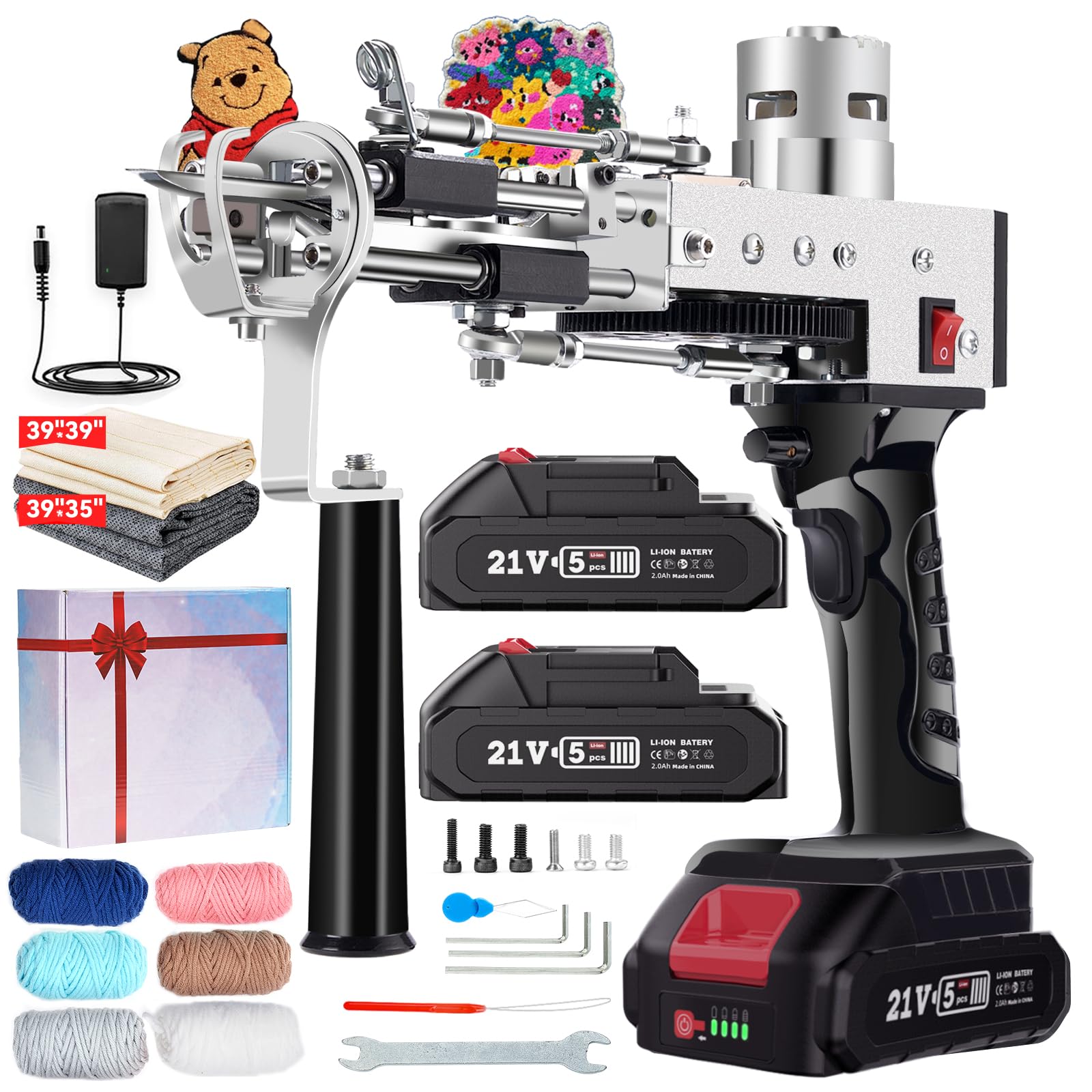 Riiai 2024 Upgrated Akku Tufting Gun, Tufting Gun Starter Kit mit 2×2.0Ah Batterie, Teppich Making Kit Cut Loop Stapel, Batteriebetriebener Teppich Tufting Gun Kit für Teppichherstellung
