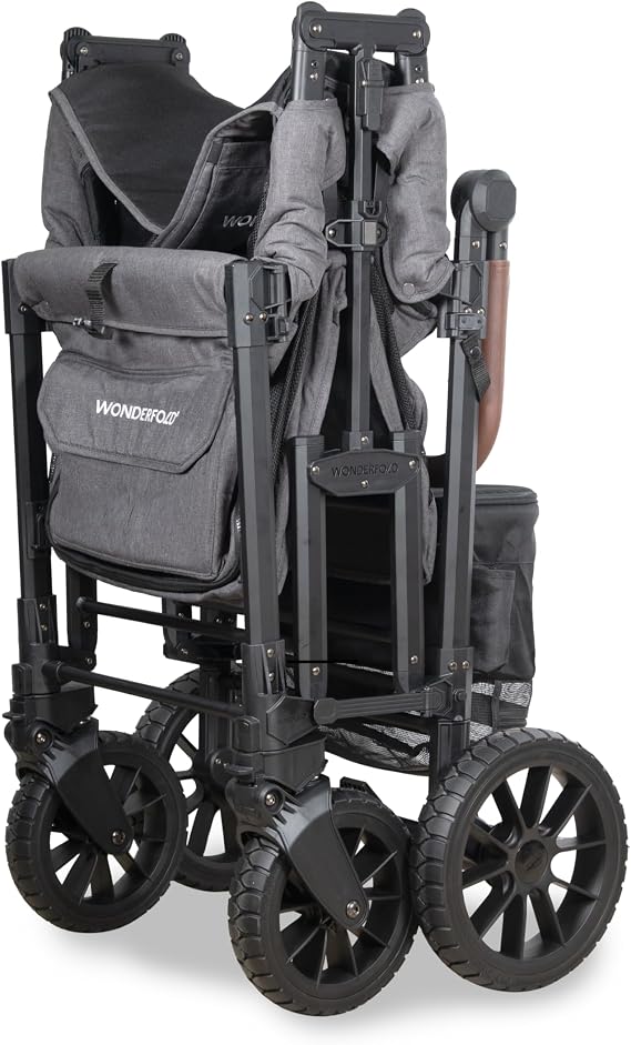 WONDERFOLD W2 Luxe Pro Stroller Wagon (2 Seater), Charcoal Gray | Collapsible, 5-Point Safety Harnesses, Adjustable Sun Canopy, Wagon Stroller with Seats