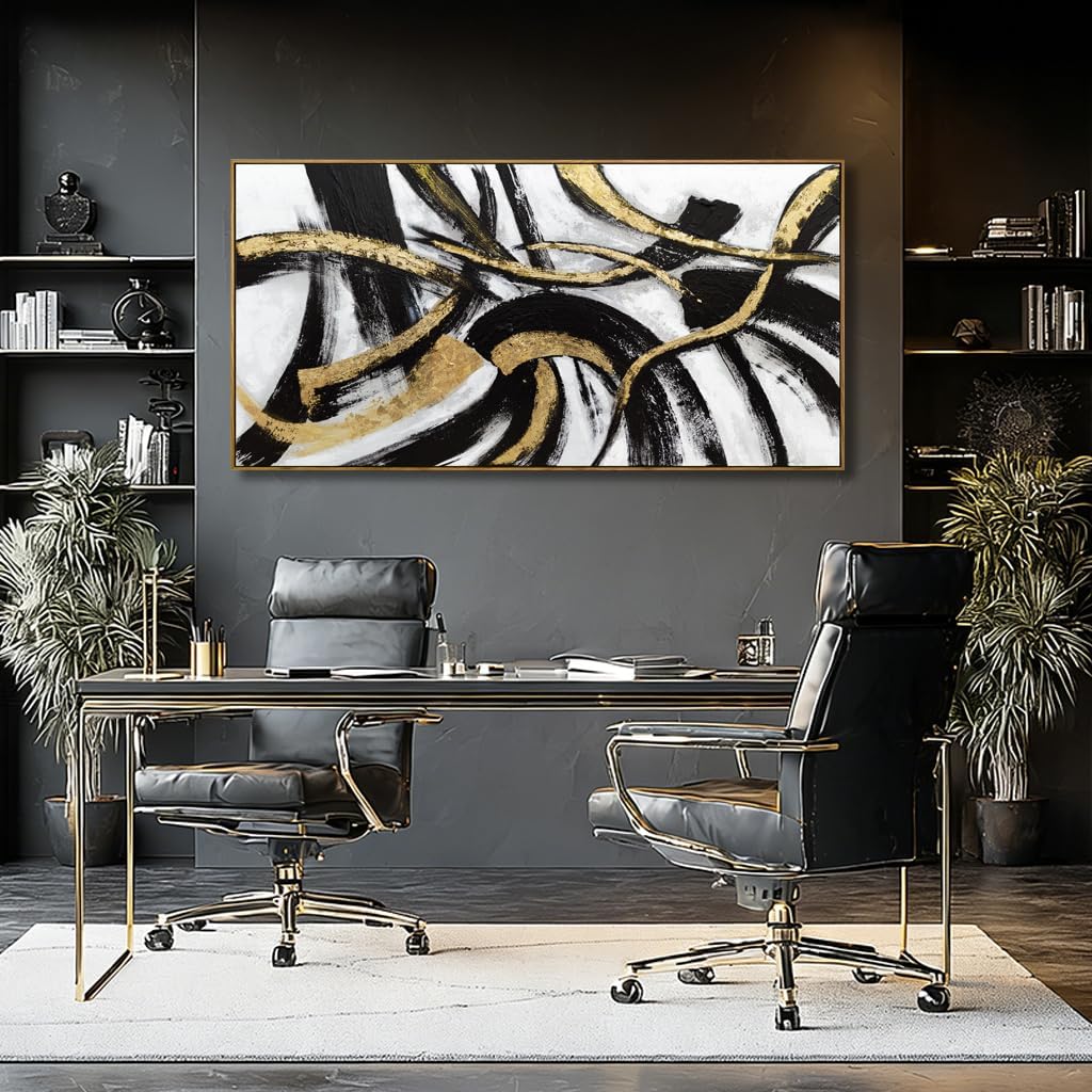 Black And Gold Abstract Framed Wall Art Minimalist Lines Painting Artwork Modern Picture Prints Large Wall Decor 24"x48"