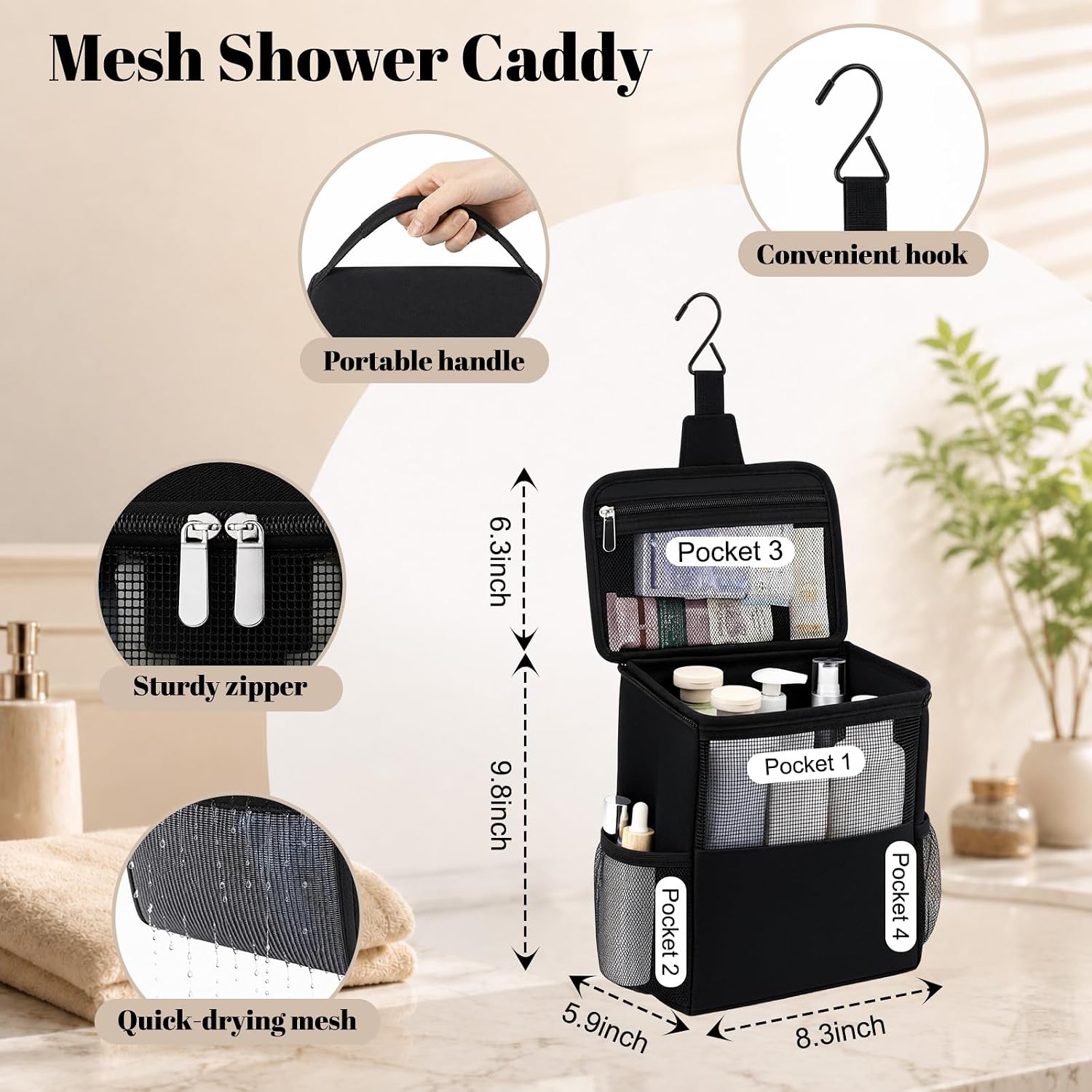 3 Pcs College Dorm Essentials Include Large Laundry Backpack Bag for College Portable Original Shower Mesh Caddy Bag Quick-dry Non-slip Bathroom Slippers for Travel, Laundromat, Apartment