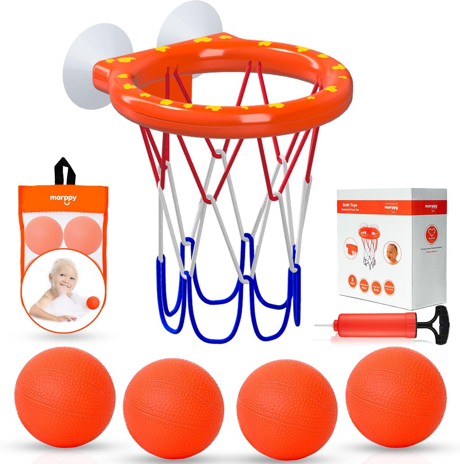 Bath Toys, Bathtub Basketball Hoop for Toddlers Kids, Boys and Girls with 4 Soft Balls Set & Strong Suction Cup, Bathroom Slam Dunk & Fun Shooting Game, Gift for Toddler Boy or Girl