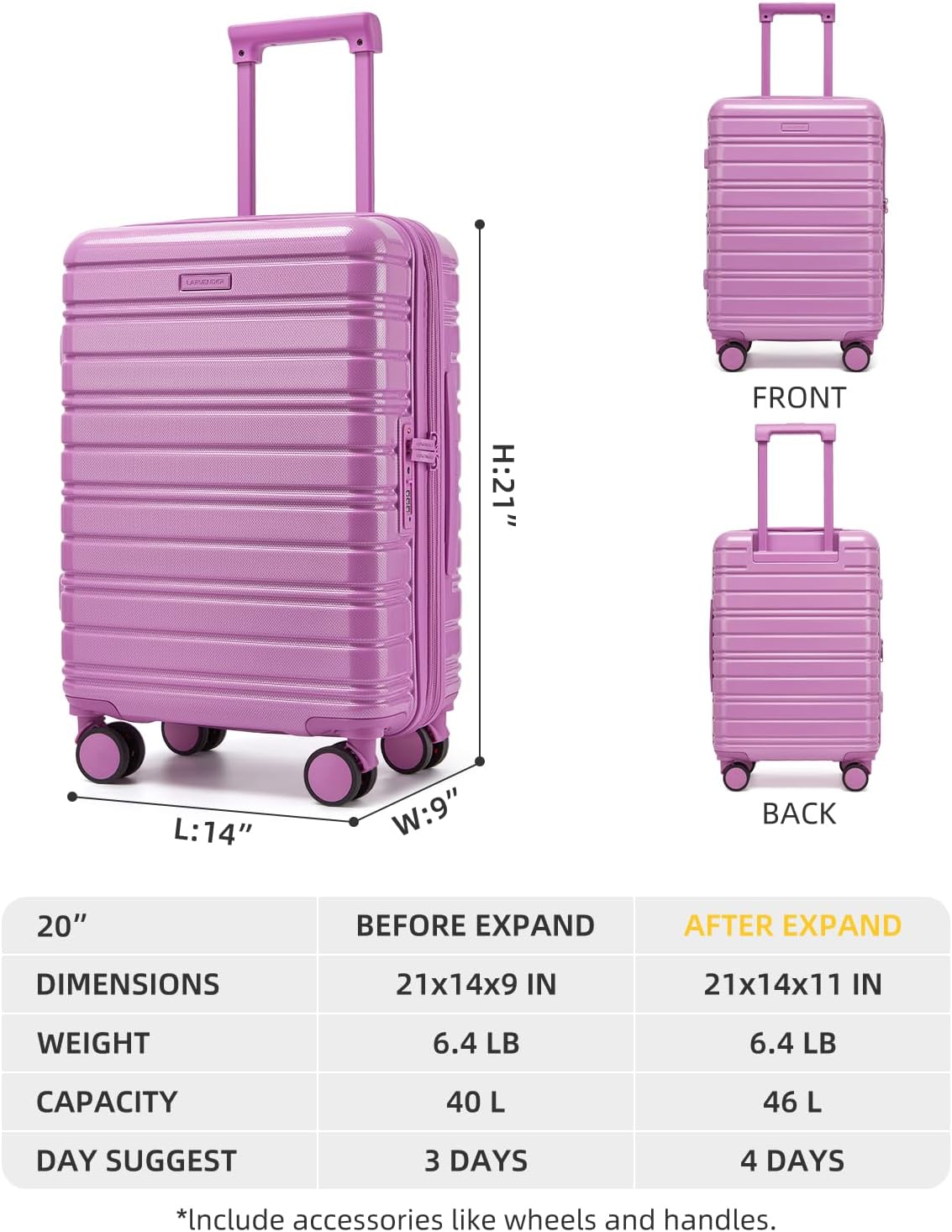 LARVENDER Carry On Luggage 22x14x9 Airline Approved, 20 Inch Expandable PC+ABS Hardside Suitcase Carry On Luggage with Spinner Wheels TSA Lock for Women Men (Berry)